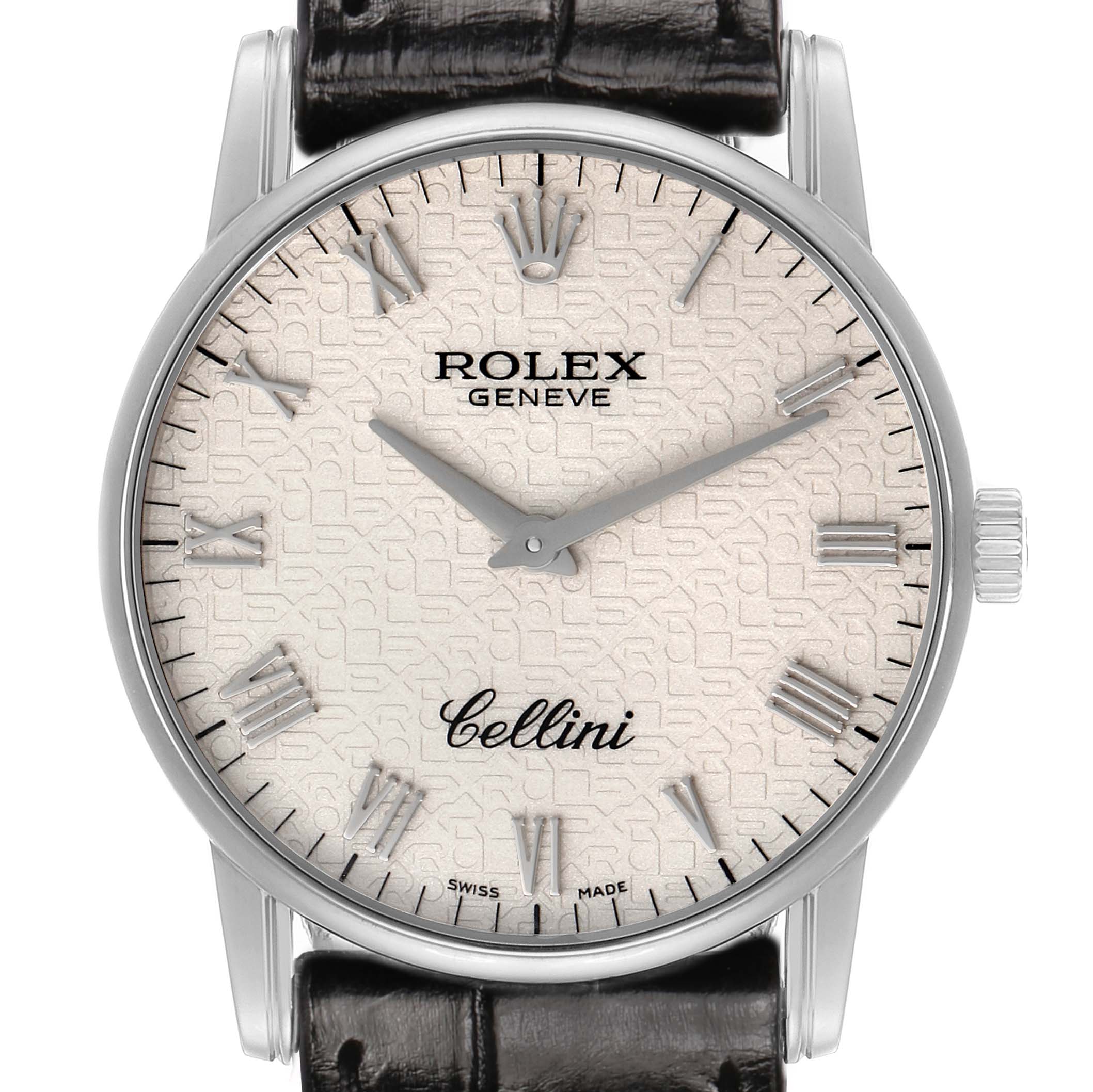 The Rolex Cellini 5116/9 Men's White Gold White Dial watch is shown from the front, highlighting the dial, hands, crown, and part of the leather strap.