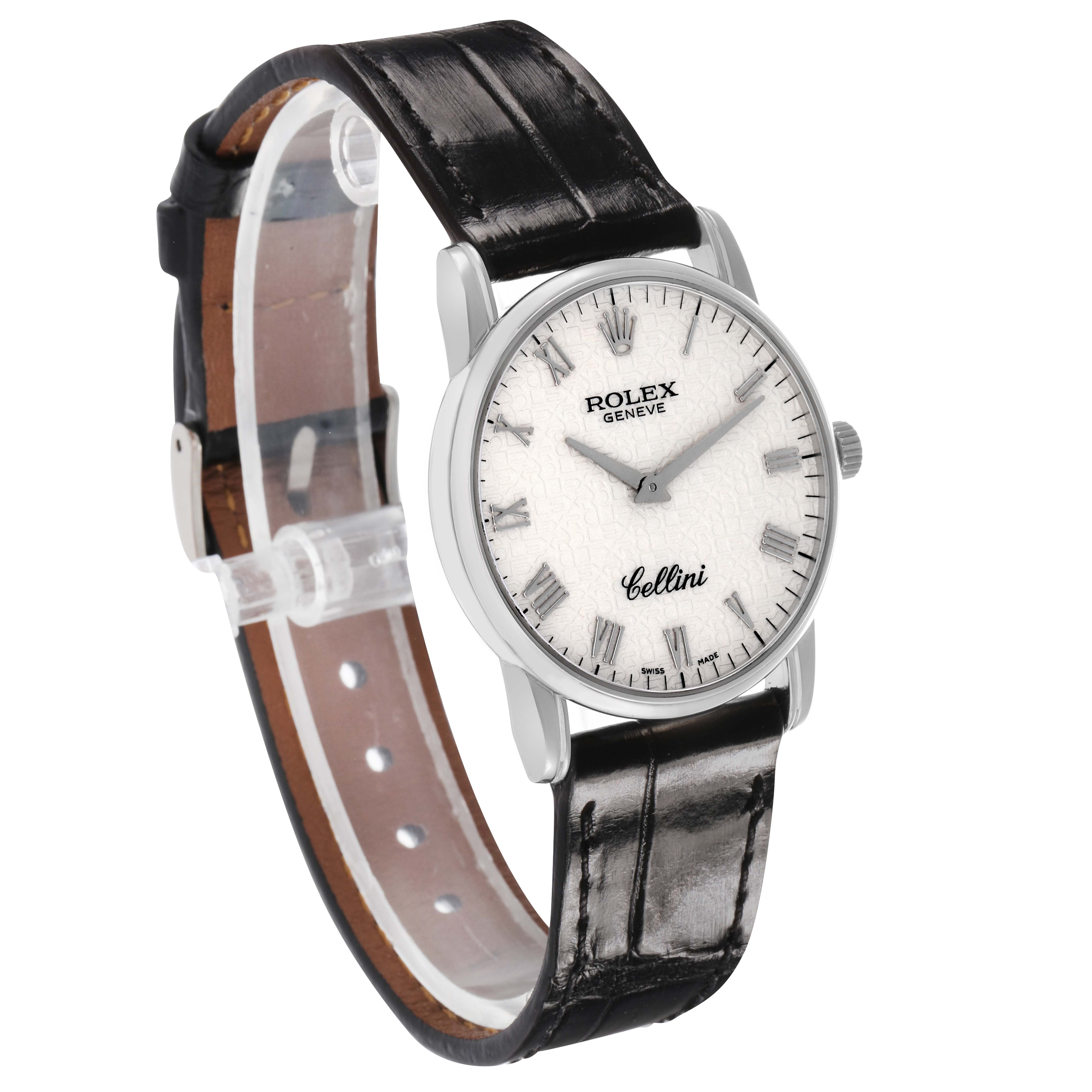 The Rolex Cellini 5116/9 Men's White Gold White Dial watch is shown at a three-quarter angle, highlighting its face, leather strap, and crown.
