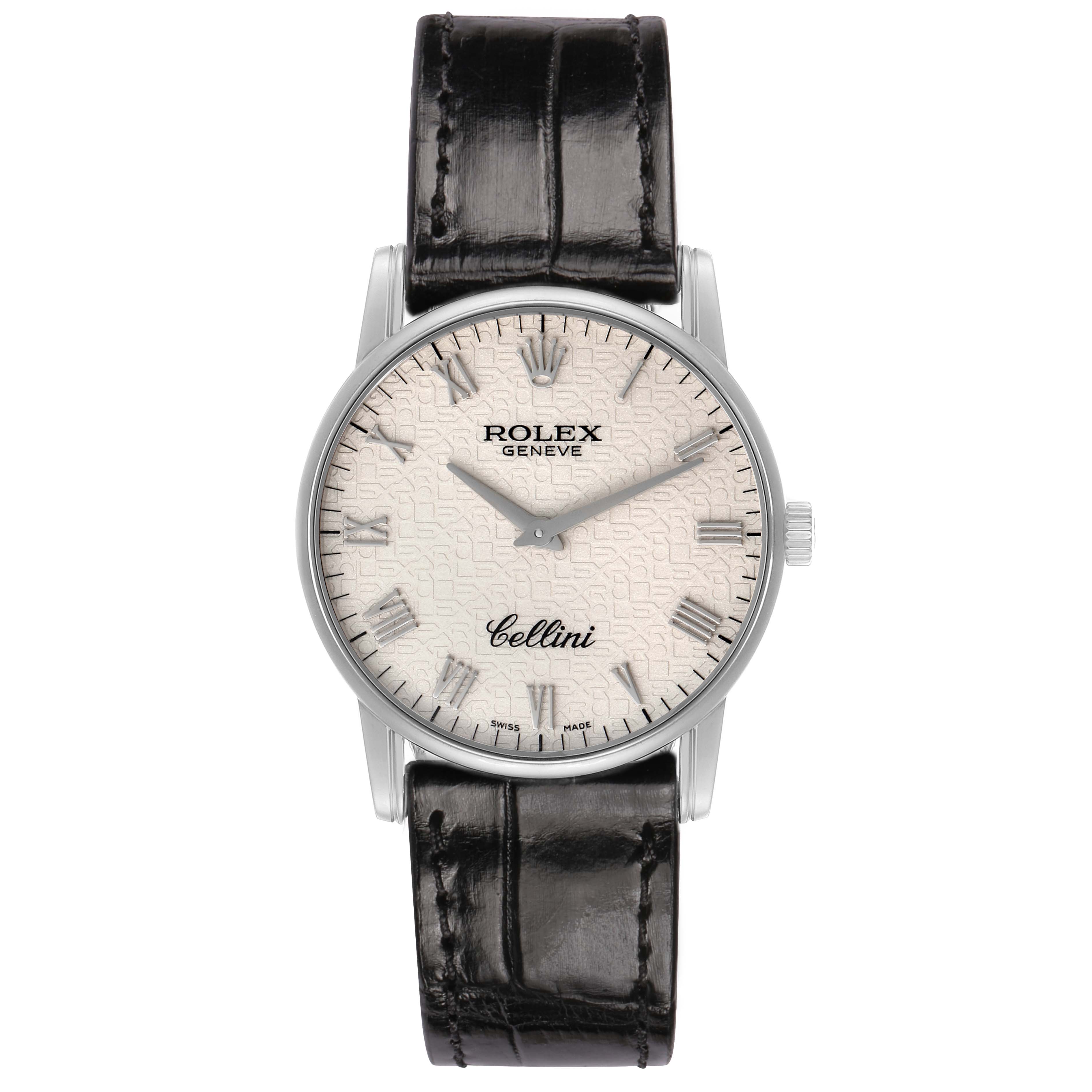 The Rolex Cellini 5116/9 Men's White Gold White Dial watch is shown at a front angle, displaying the face, dial, and leather strap.