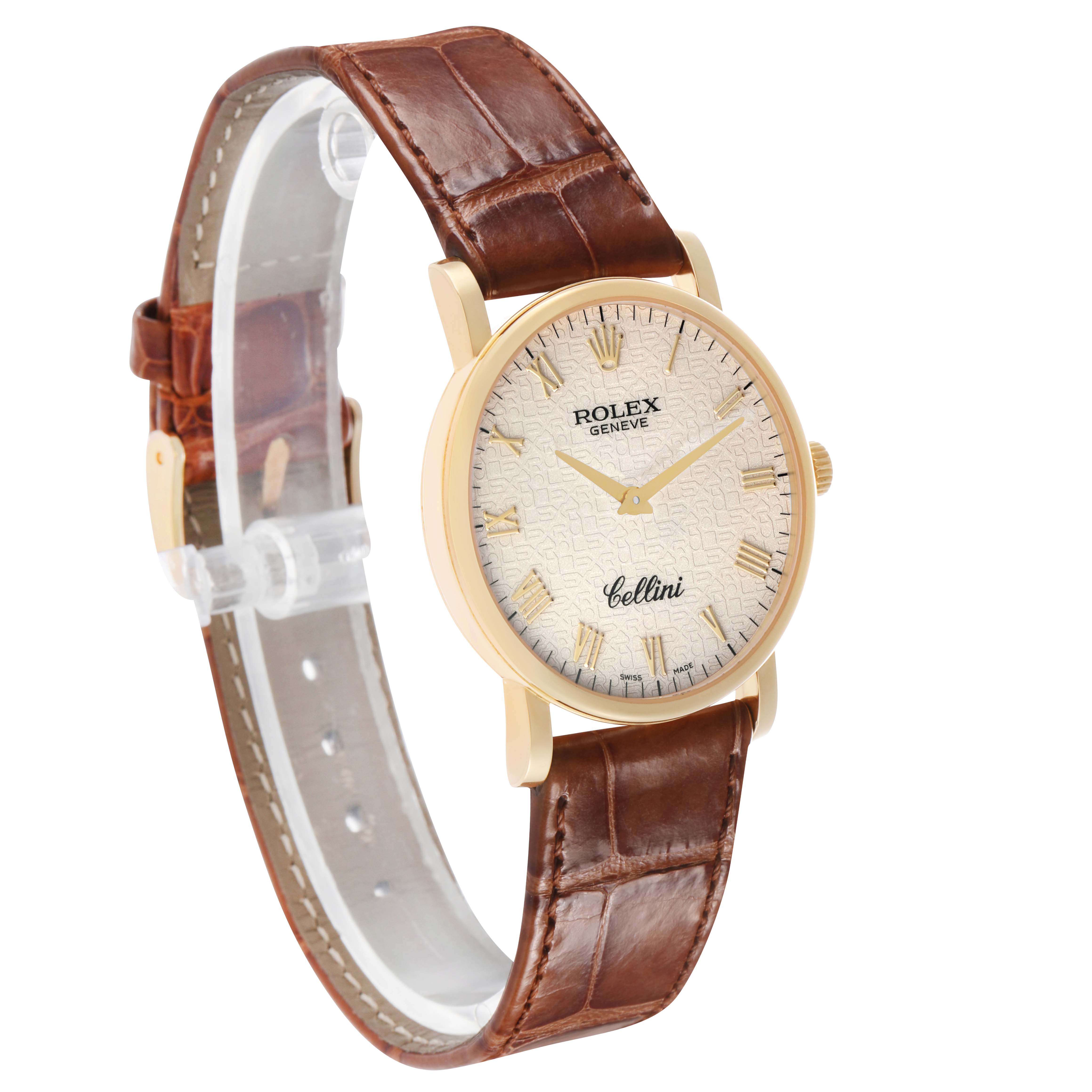 The Rolex Cellini 5115 Men's Yellow Gold Beige Dial watch is shown at a slight angle, highlighting its face, bezel, and brown leather strap.