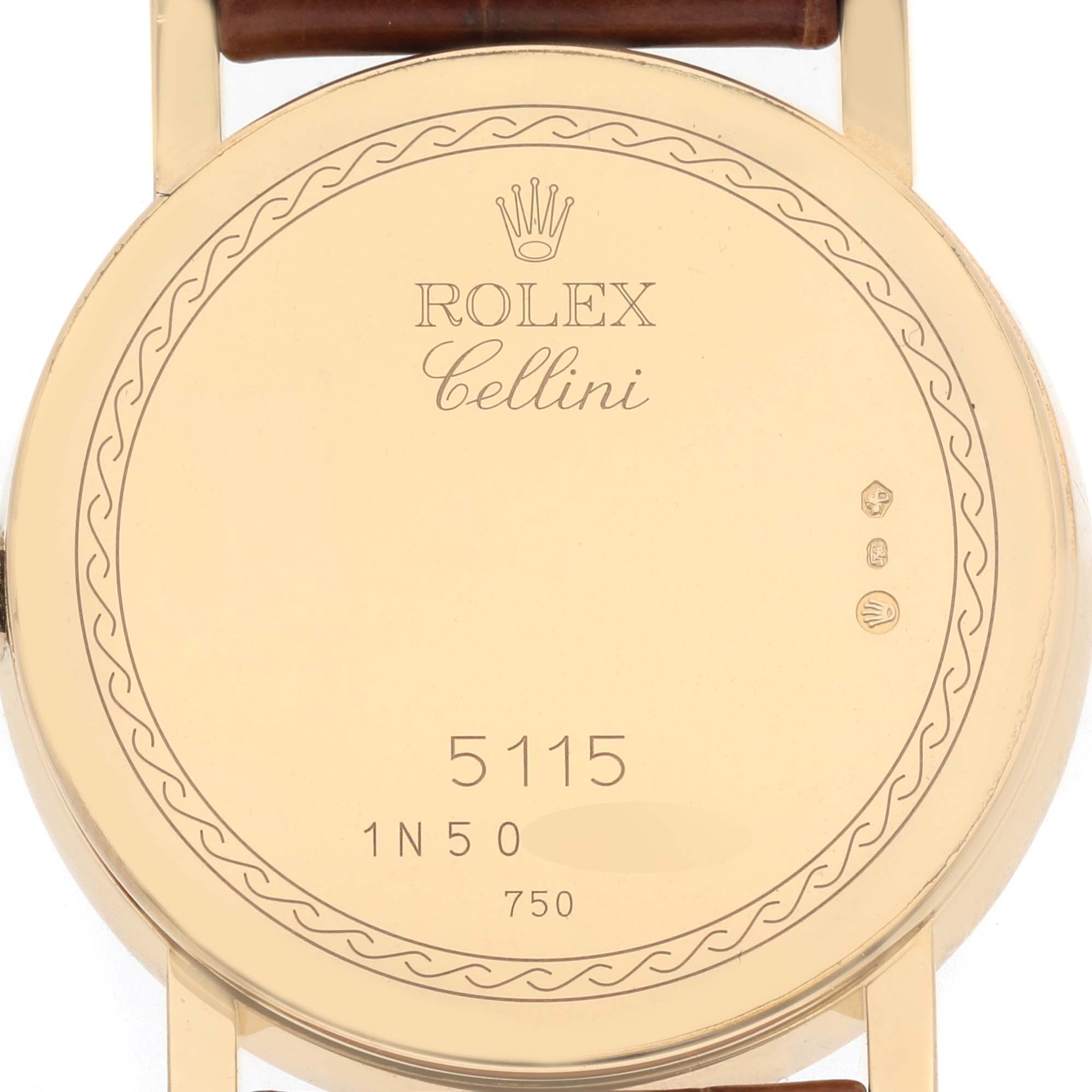 The image shows the case back of a Rolex Cellini 5115 Men's Yellow Gold Beige Dial watch, displaying the branding and model number.