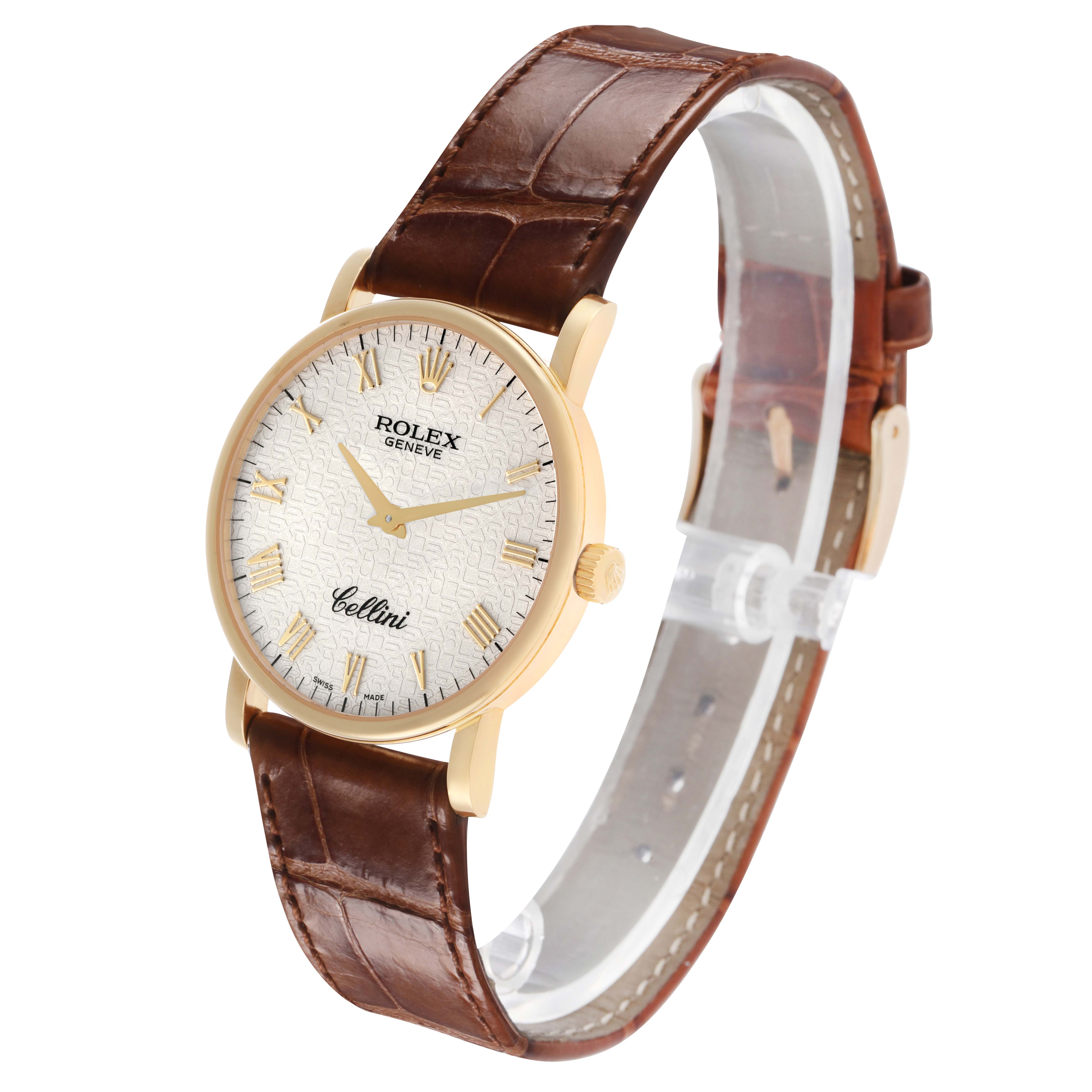 The Rolex Cellini 5115 Men's Yellow Gold Beige Dial watch is shown in a side angle, highlighting its dial, case, crown, and leather strap.