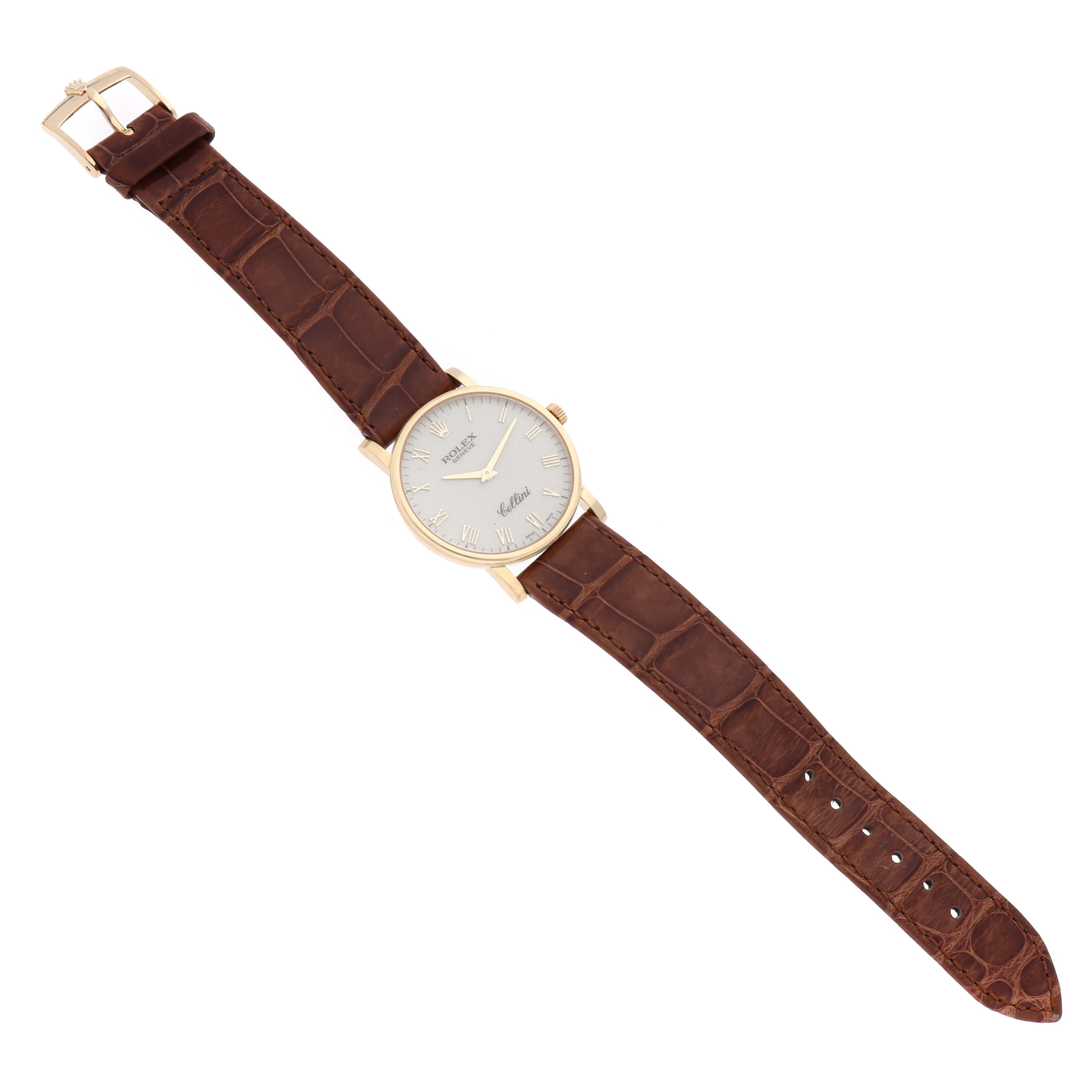 The Rolex Cellini 5115 Men's Yellow Gold Beige Dial watch is shown from a top-down angle, displaying its dial, case, and brown leather strap.