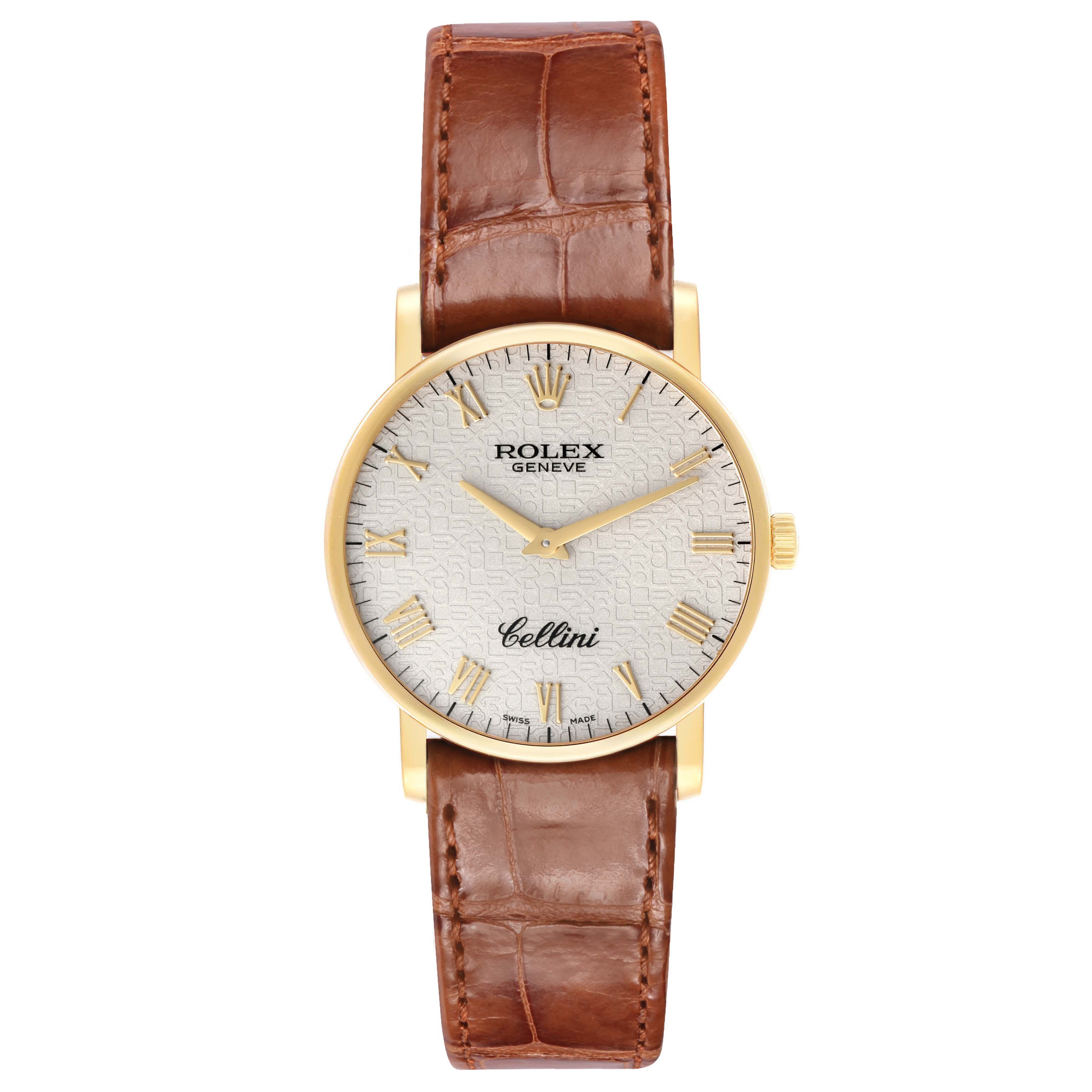 The Rolex Cellini 5115 Men's Yellow Gold Beige Dial watch is shown from a front view, displaying its face, dial, and brown leather strap.