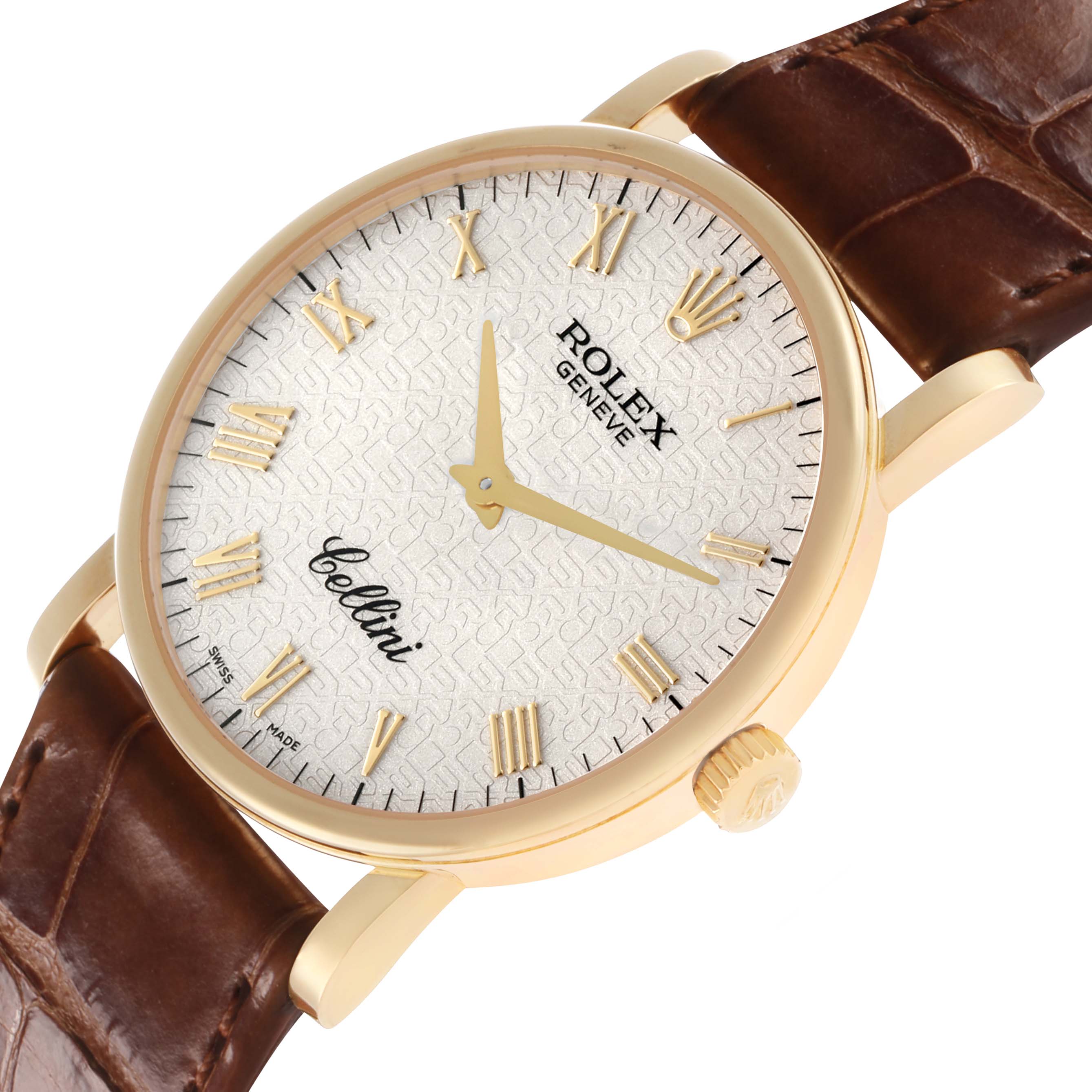 The Rolex Cellini 5115 Men's Yellow Gold Beige Dial watch is shown at an angled view, highlighting its textured dial, gold Roman numerals, and brown leather strap.