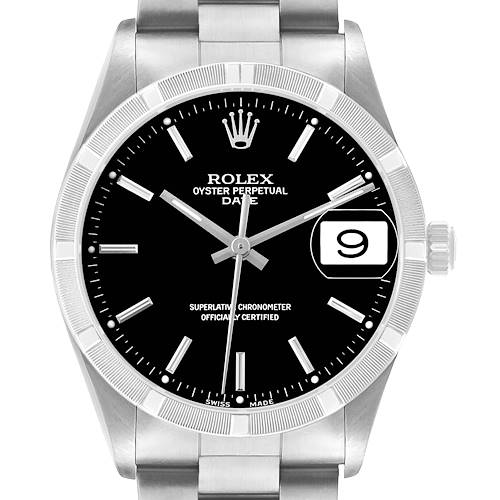 The Rolex Date 15210 Men's Stainless Steel Black Dial model is shown from the front, displaying the dial, bezel, bracelet, and date window.