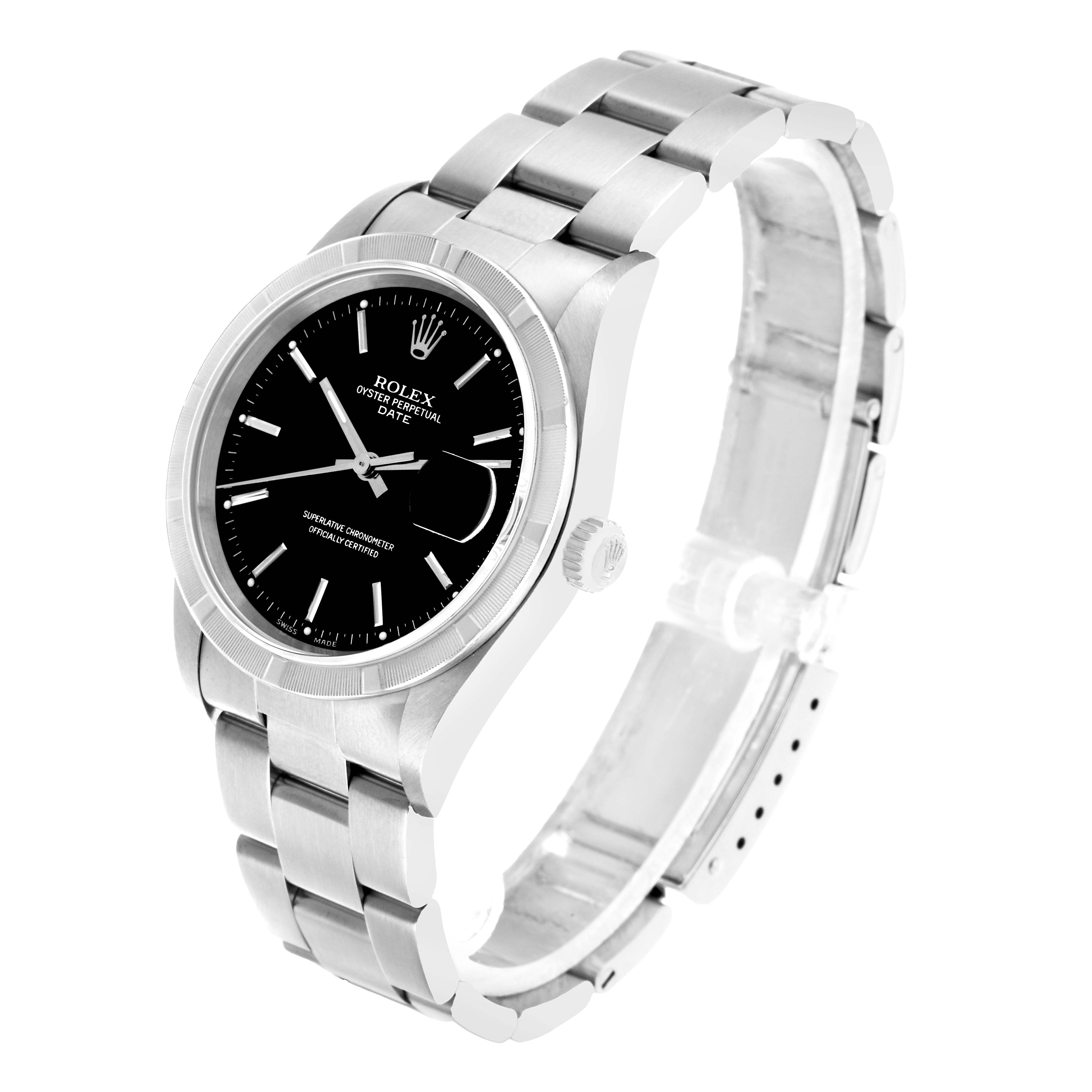 The Rolex Date 15210 Men's Stainless Steel Black Dial model watch is shown from an angled view, highlighting the black dial, stainless steel case, and bracelet.