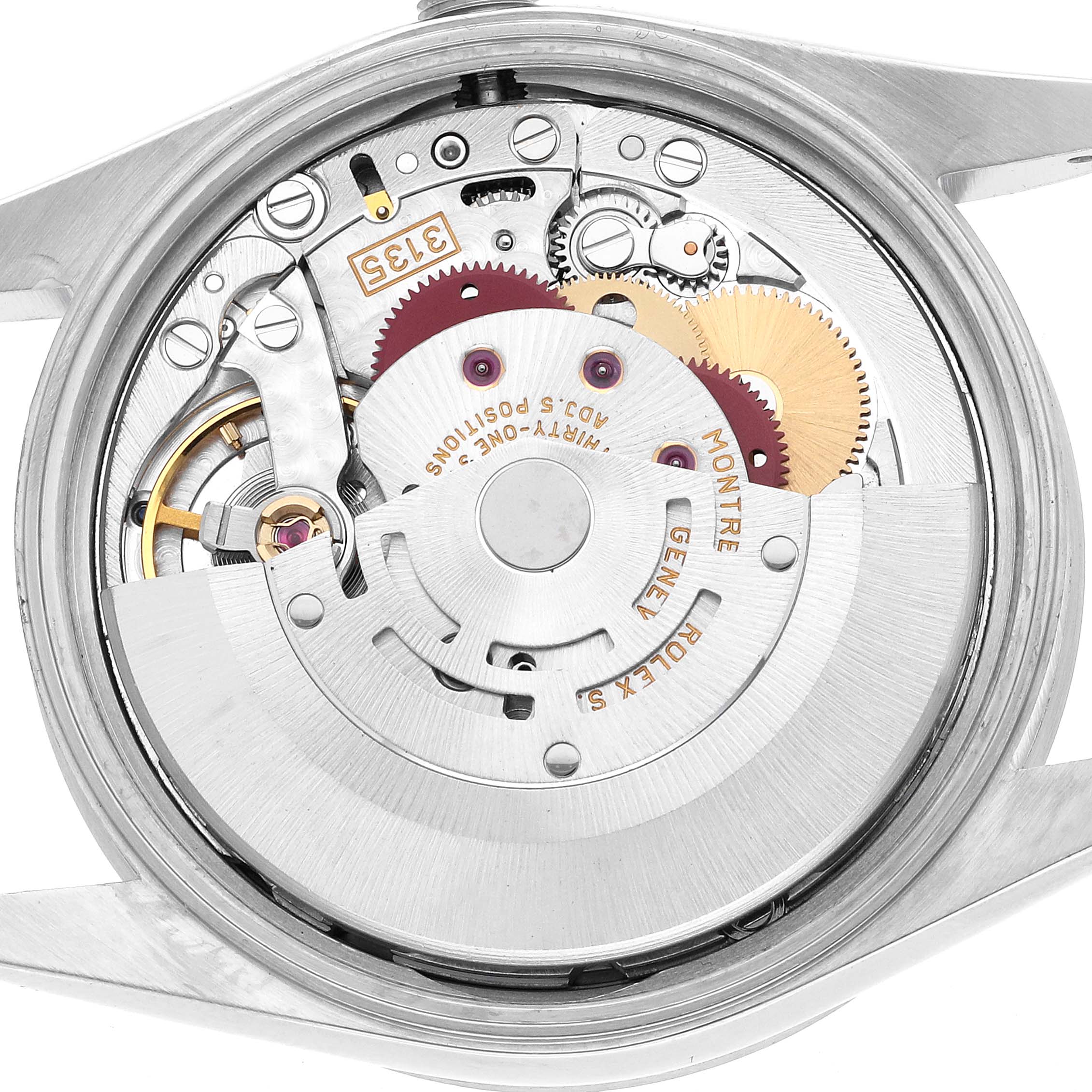 The image shows the Rolex Date 15210 Men's Stainless Steel Black Dial model's movement from the back, highlighting gears, rotor, and inner mechanism details.