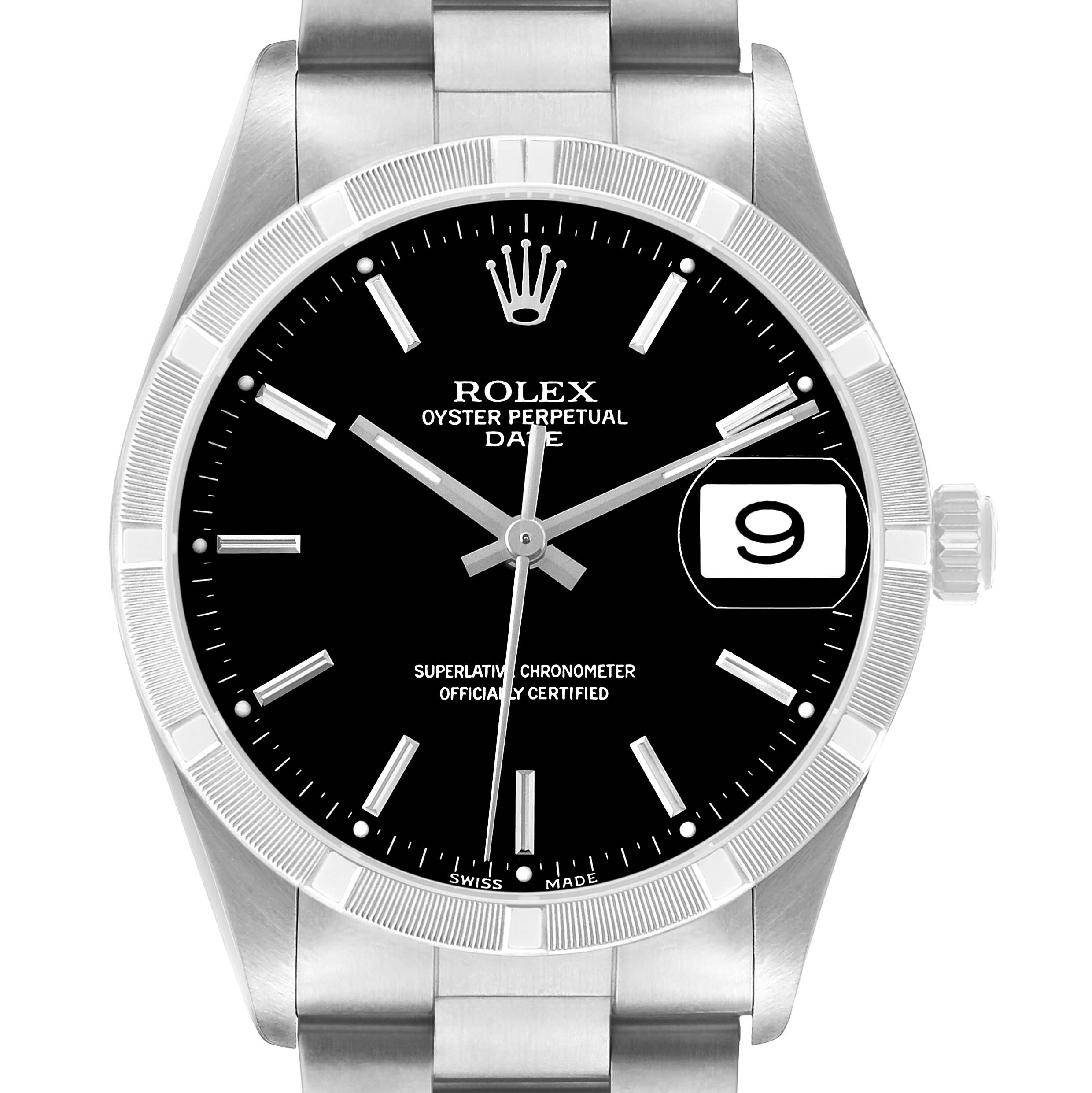 The Rolex Date 15210 Men's Stainless Steel Black Dial watch is shown from a front angle, highlighting the dial, bezel, crown, and part of the bracelet.