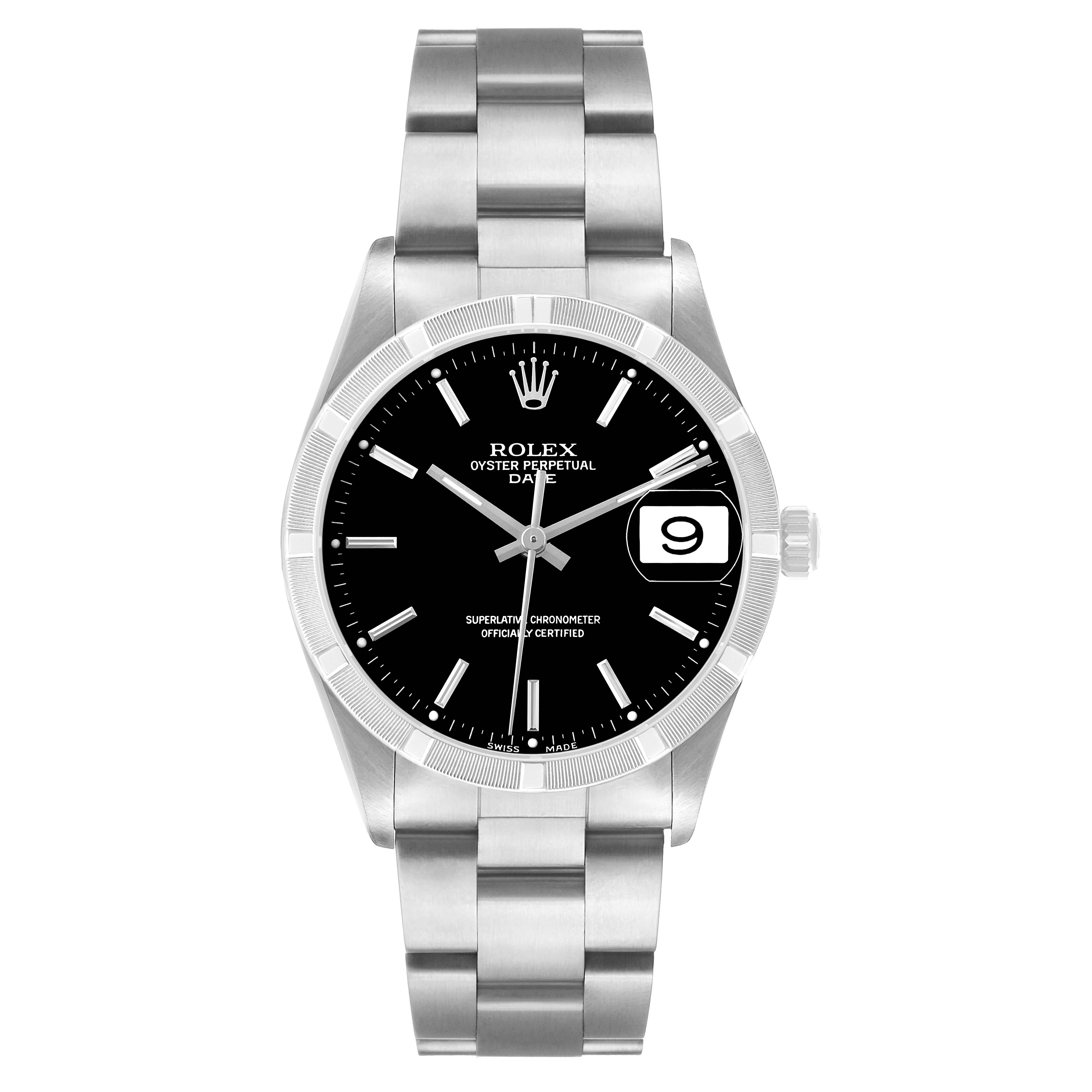 The Rolex Date 15210 Men's Stainless Steel Black Dial watch is shown from a front angle, displaying the dial, hands, bracelet, bezel, and crown.