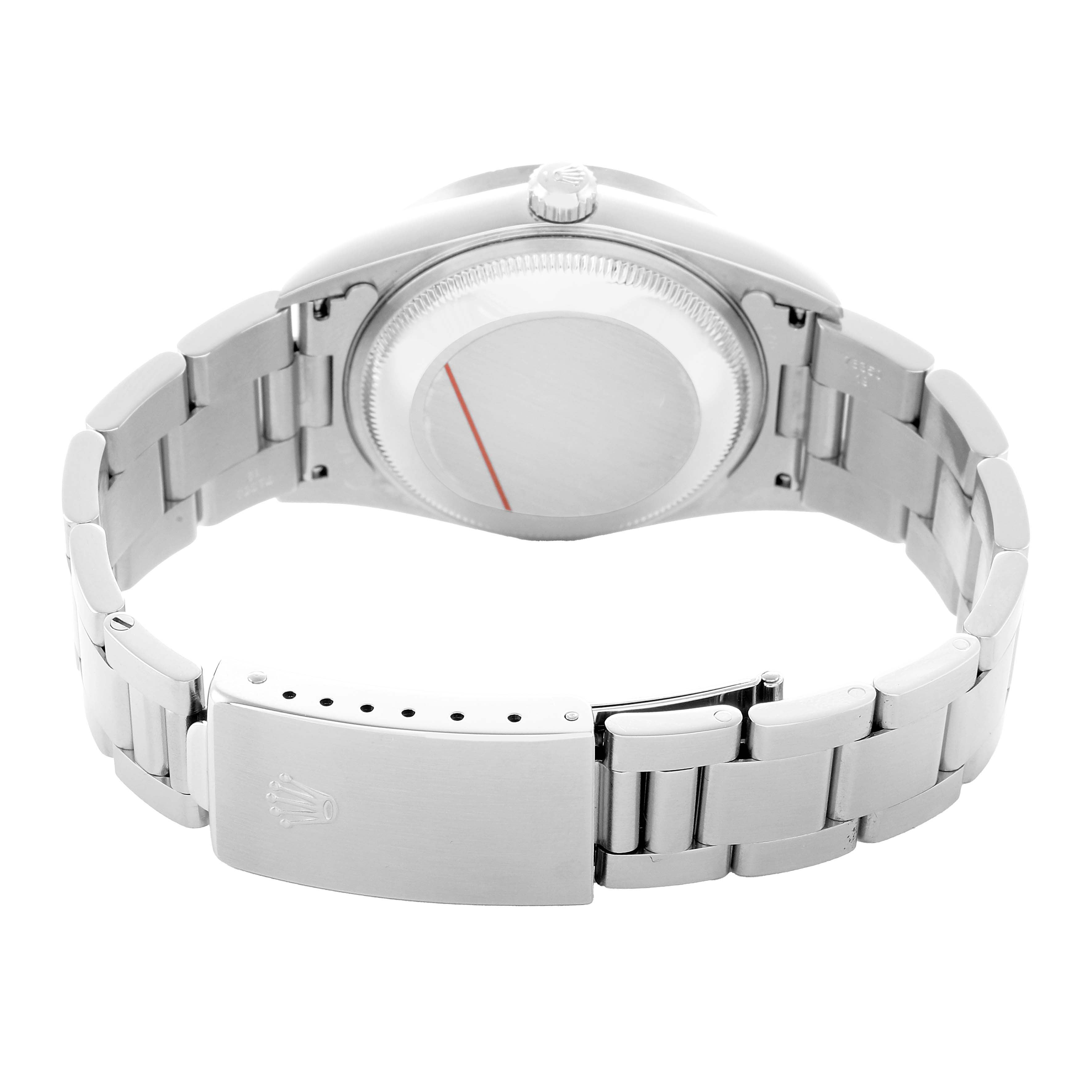 The image shows the back view of a Rolex Date 15210 Men's Stainless Steel Black Dial model watch, highlighting the clasp and bracelet links.