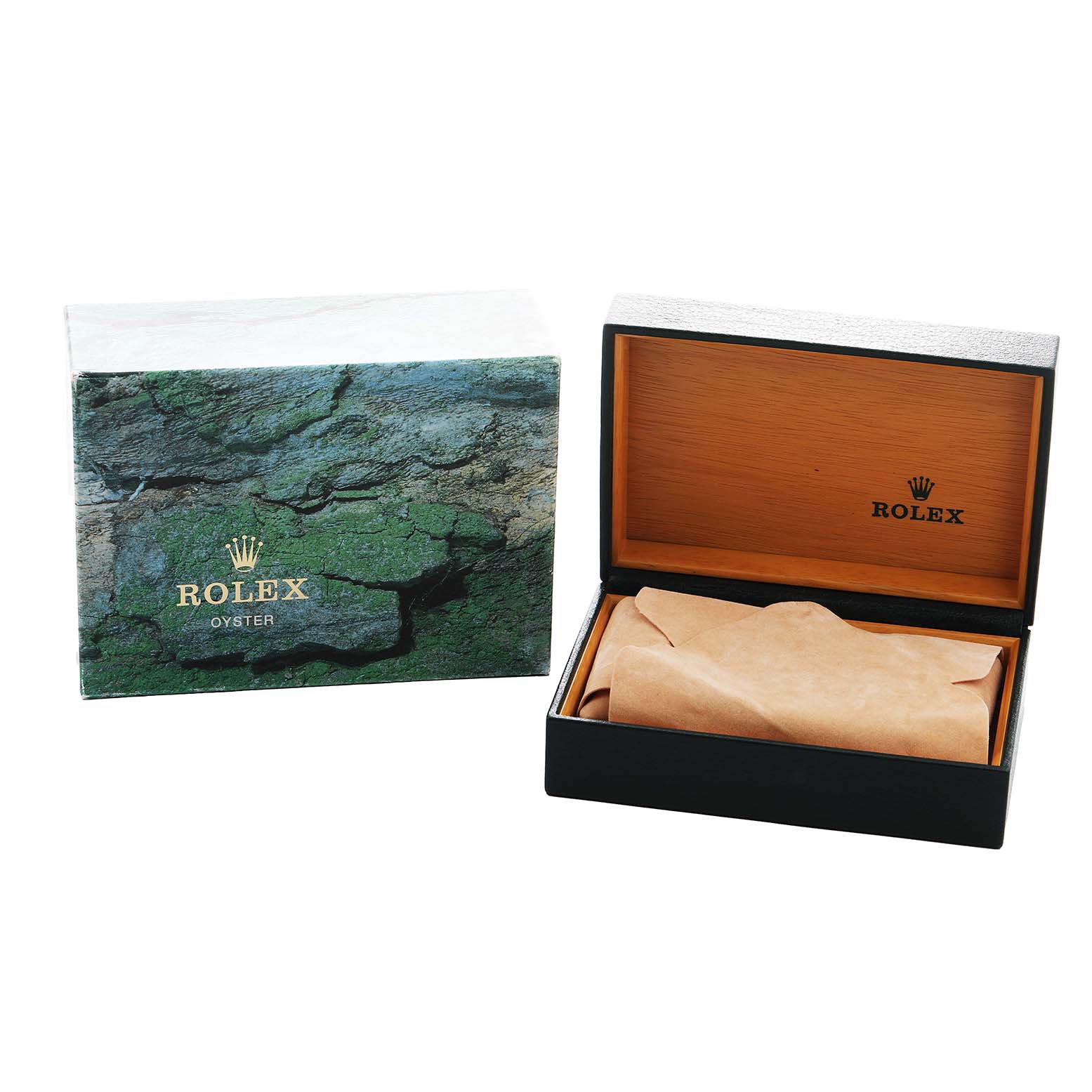 The image shows a Rolex Date 15210 Men's Stainless Steel Black Dial model packaging, including an open watch box and an outer box with a green stone design.