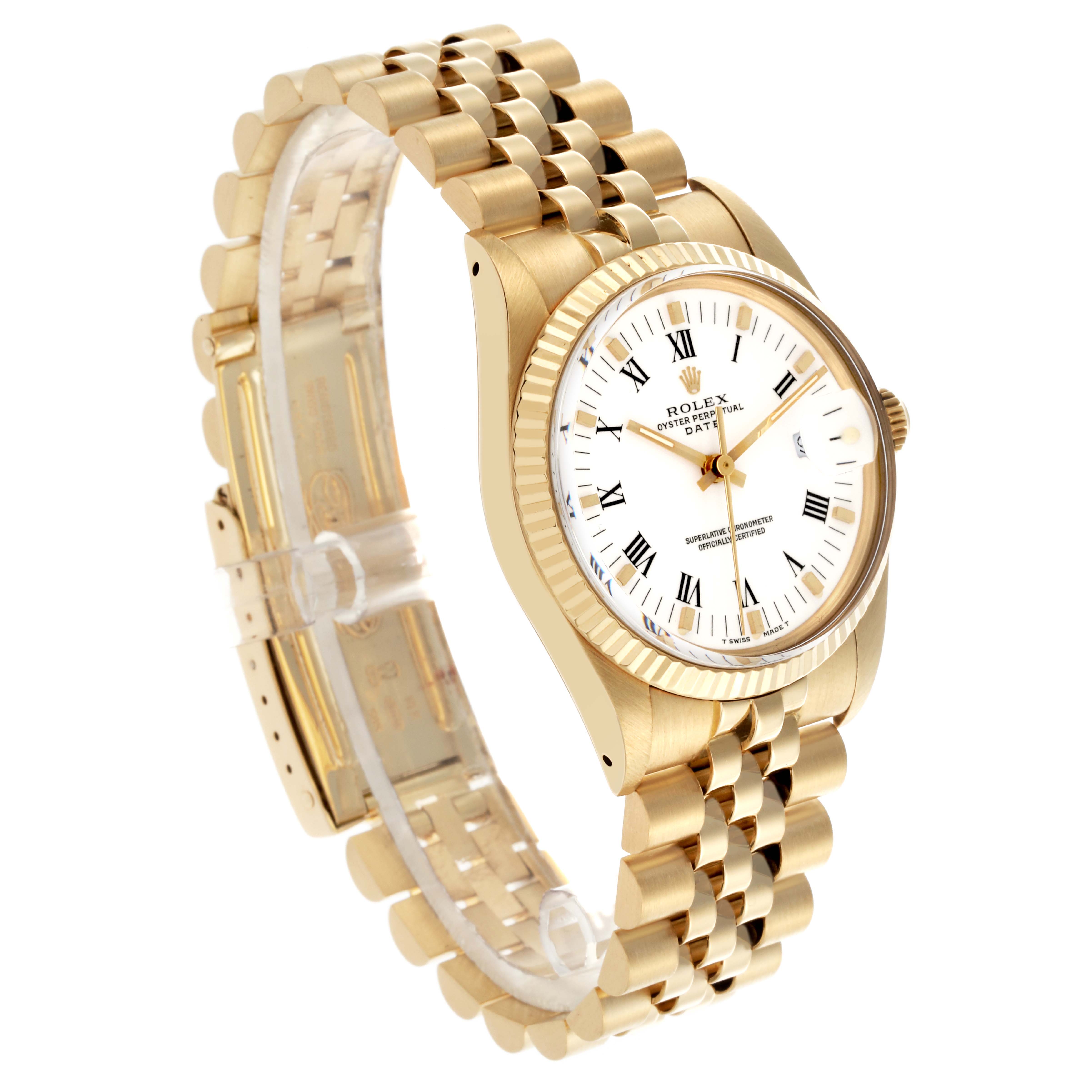 The image shows a Rolex Date 15037 Men's Yellow Gold White Dial 15037 Men's Yellow Gold White Dial model watch at a three-quarter angle, displaying the face, bezel, and bracelet details.