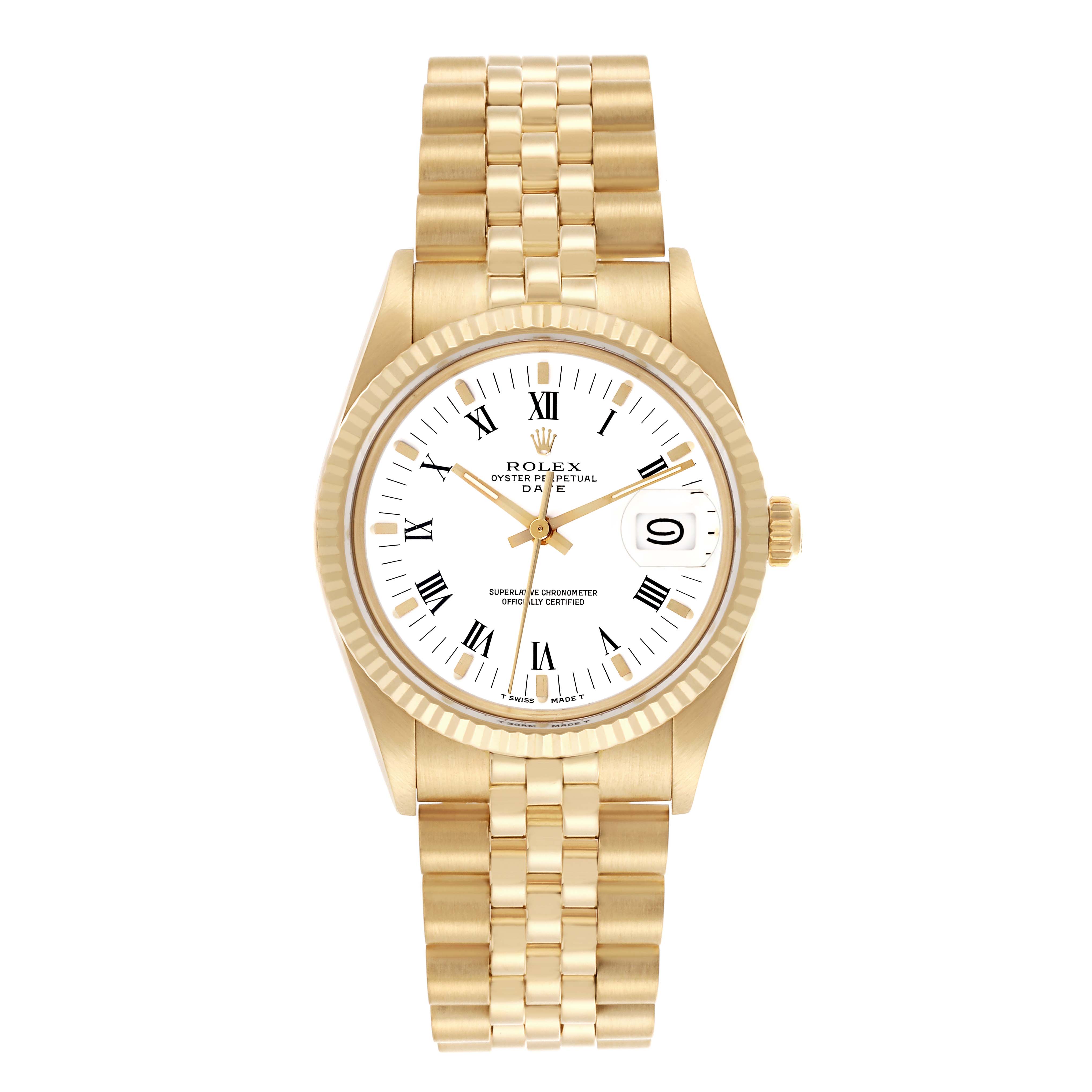 The Rolex Date 15037 Men's Yellow Gold White Dial 15037 Men's Yellow Gold White Dial watch is shown from a top-down angle, highlighting the bezel, dial, case, and bracelet.