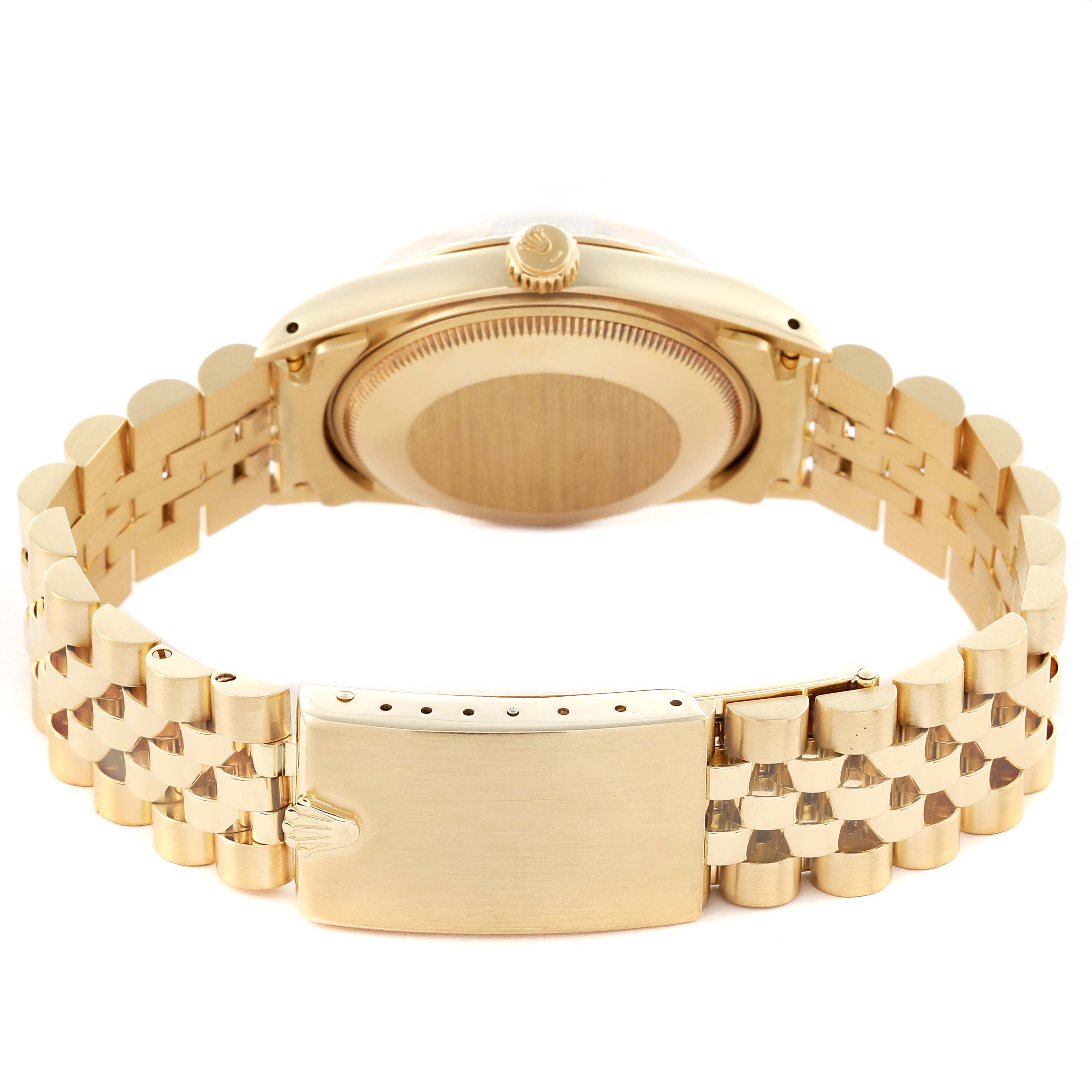 The image shows the back view of a Rolex Date 15037 Men's Yellow Gold White Dial 15037 Men's Yellow Gold White Dial model, highlighting the clasp, bracelet, and case back.