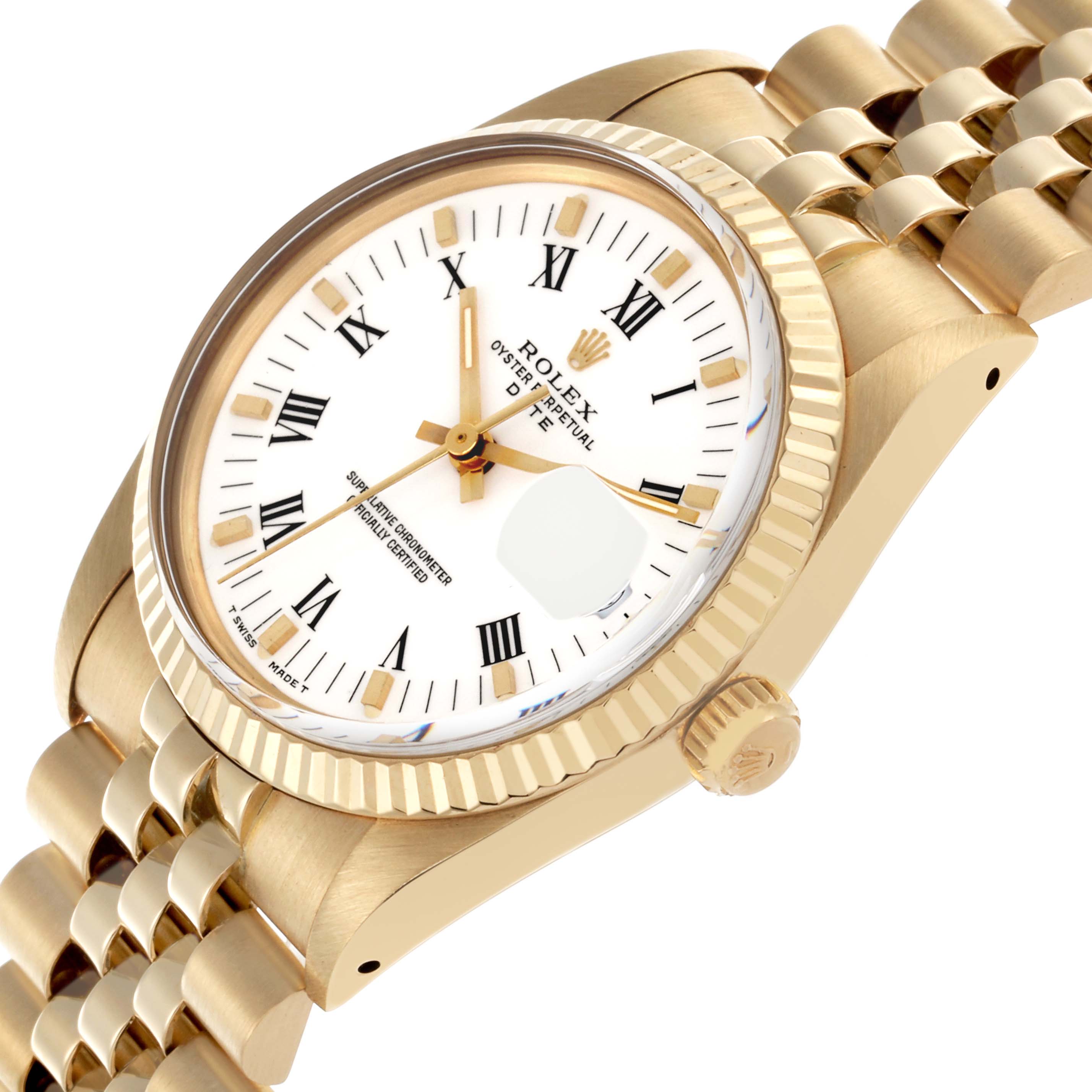 The Rolex Date 15037 Men's Yellow Gold White Dial 15037 Men's Yellow Gold White Dial watch is shown at an angled side view, highlighting the dial, bezel, crown, and bracelet.