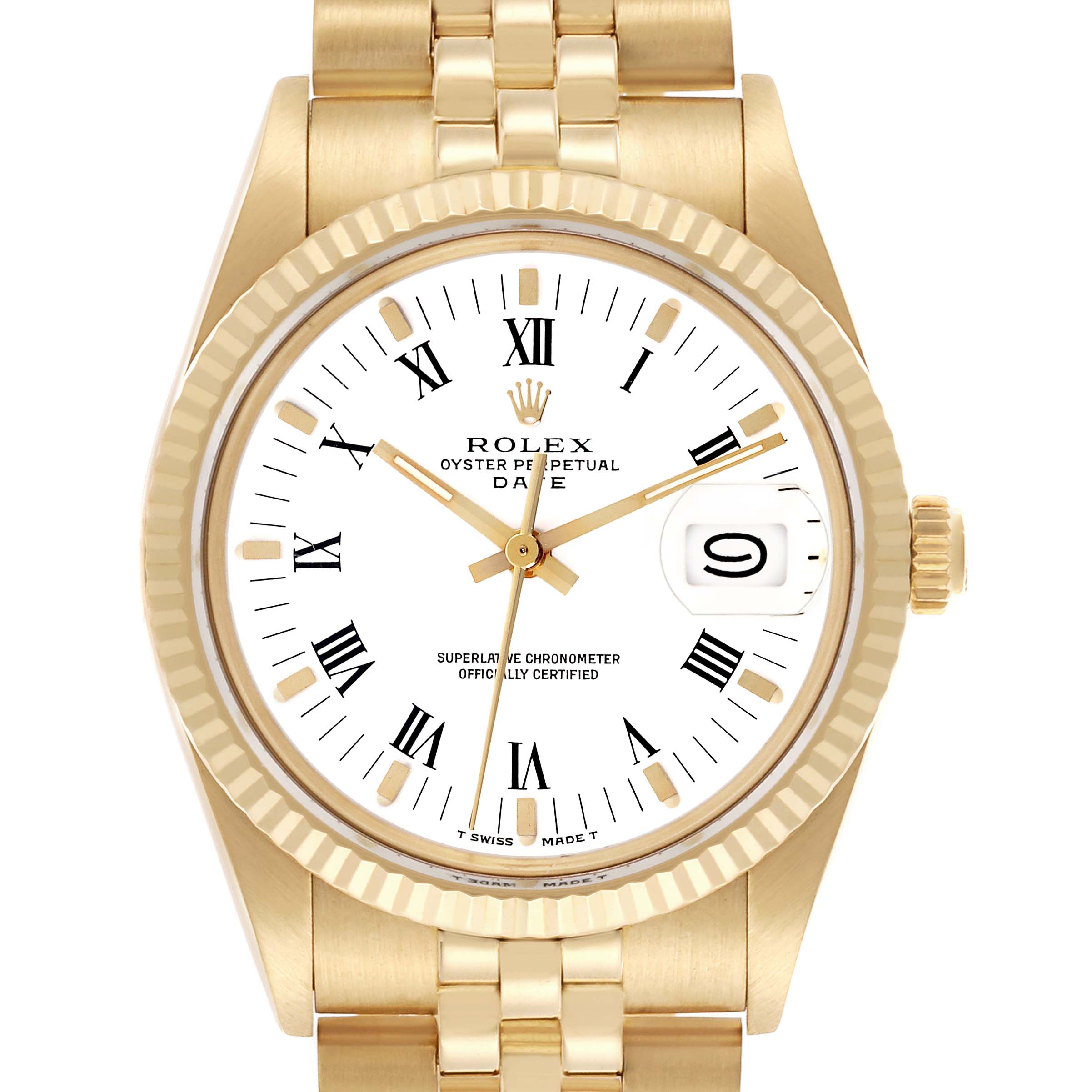 The Rolex Date 15037 Men's Yellow Gold White Dial 15037 Men's Yellow Gold White Dial watch is shown from the front, highlighting the dial, bezel, crown, and part of the bracelet.