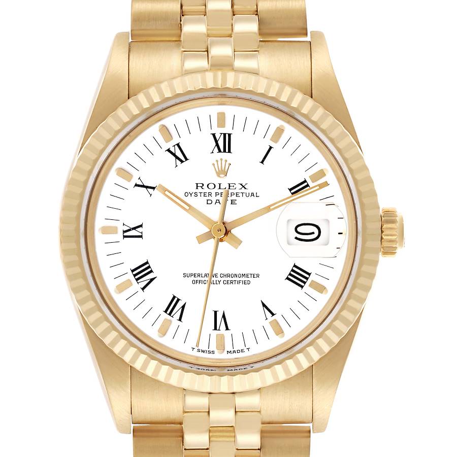 The Rolex Date watch is shown from the front, highlighting the dial, bezel, crown, and part of the bracelet.