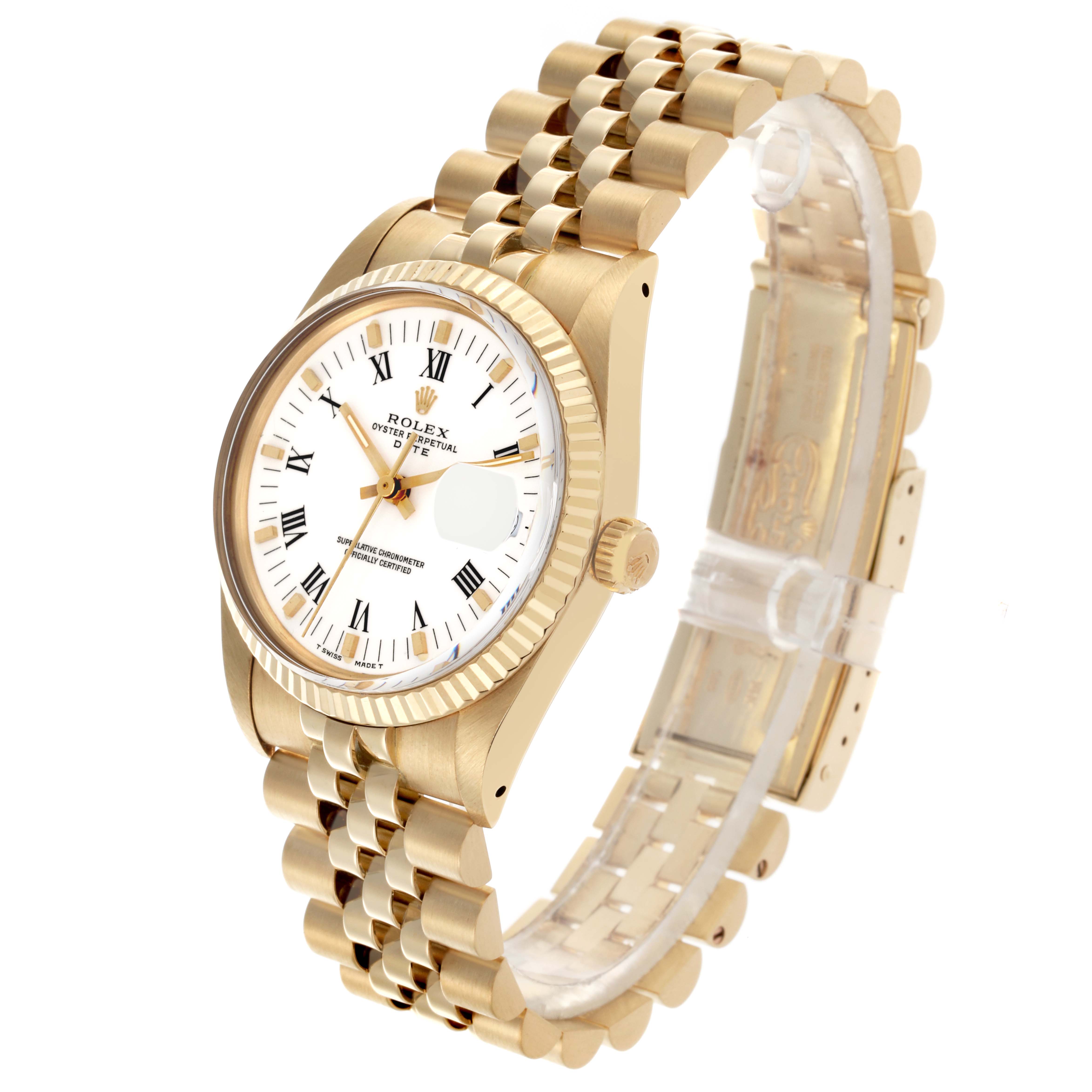 The image shows the Rolex Date 15037 Men's Yellow Gold White Dial 15037 Men's Yellow Gold White Dial watch at a three-quarter angle, displaying the face, bezel, crown, and bracelet.