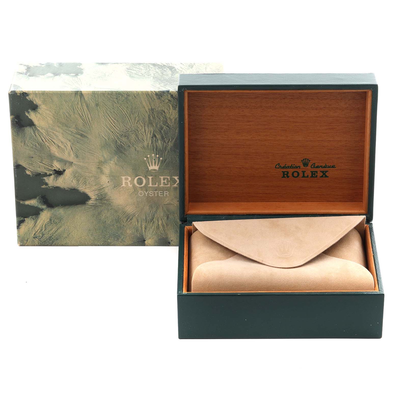 The image shows a Rolex Date 15037 Men's Yellow Gold White Dial 15037 Men's Yellow Gold White Dial model watch box and cushion from the front, revealing the interior and packaging.