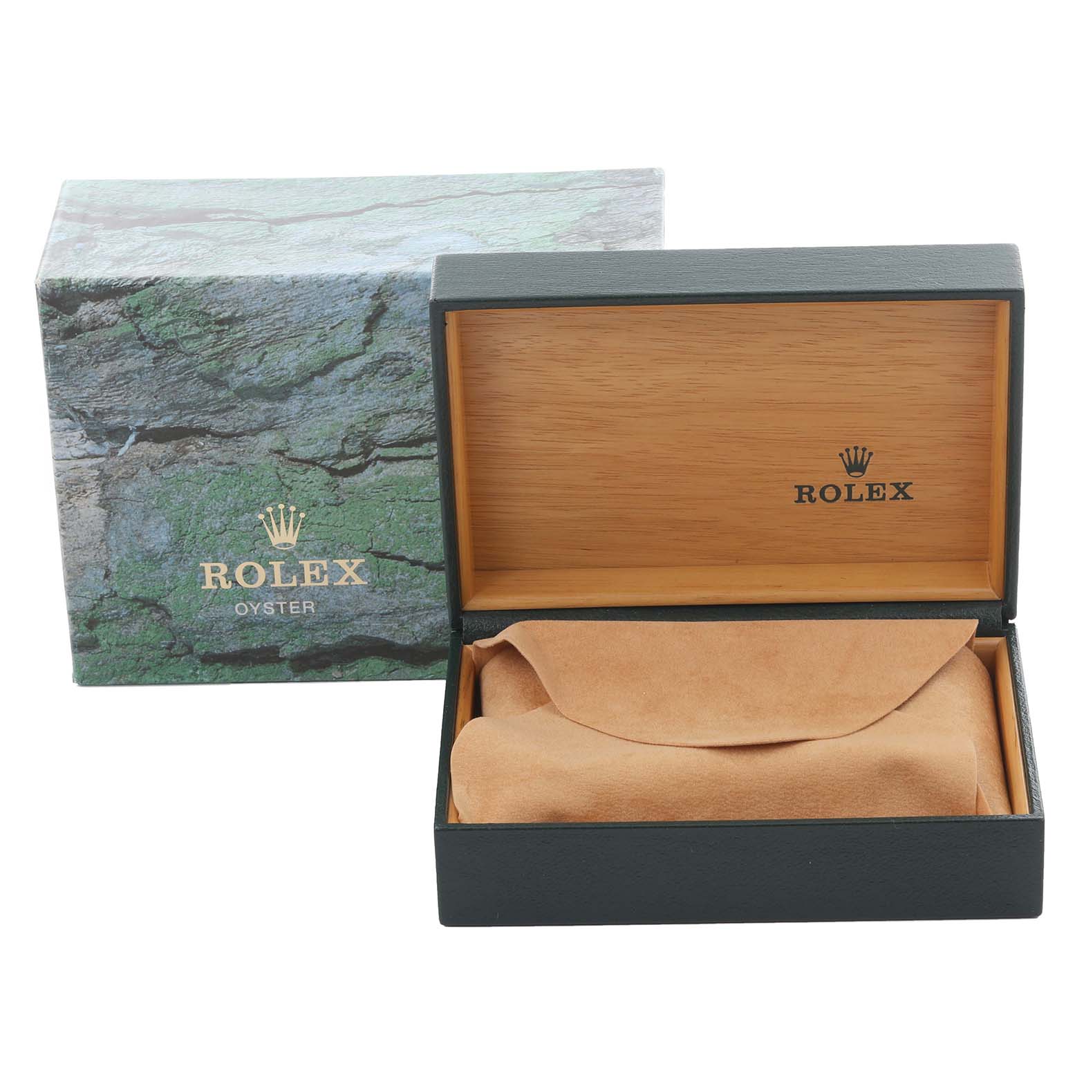 The image shows a Rolex Date 15210 Men
s Stainless Steel White Dial 15210 Men
s Stainless Steel White Dial model packaging, including the outer and inner boxes with a suede pouch inside.