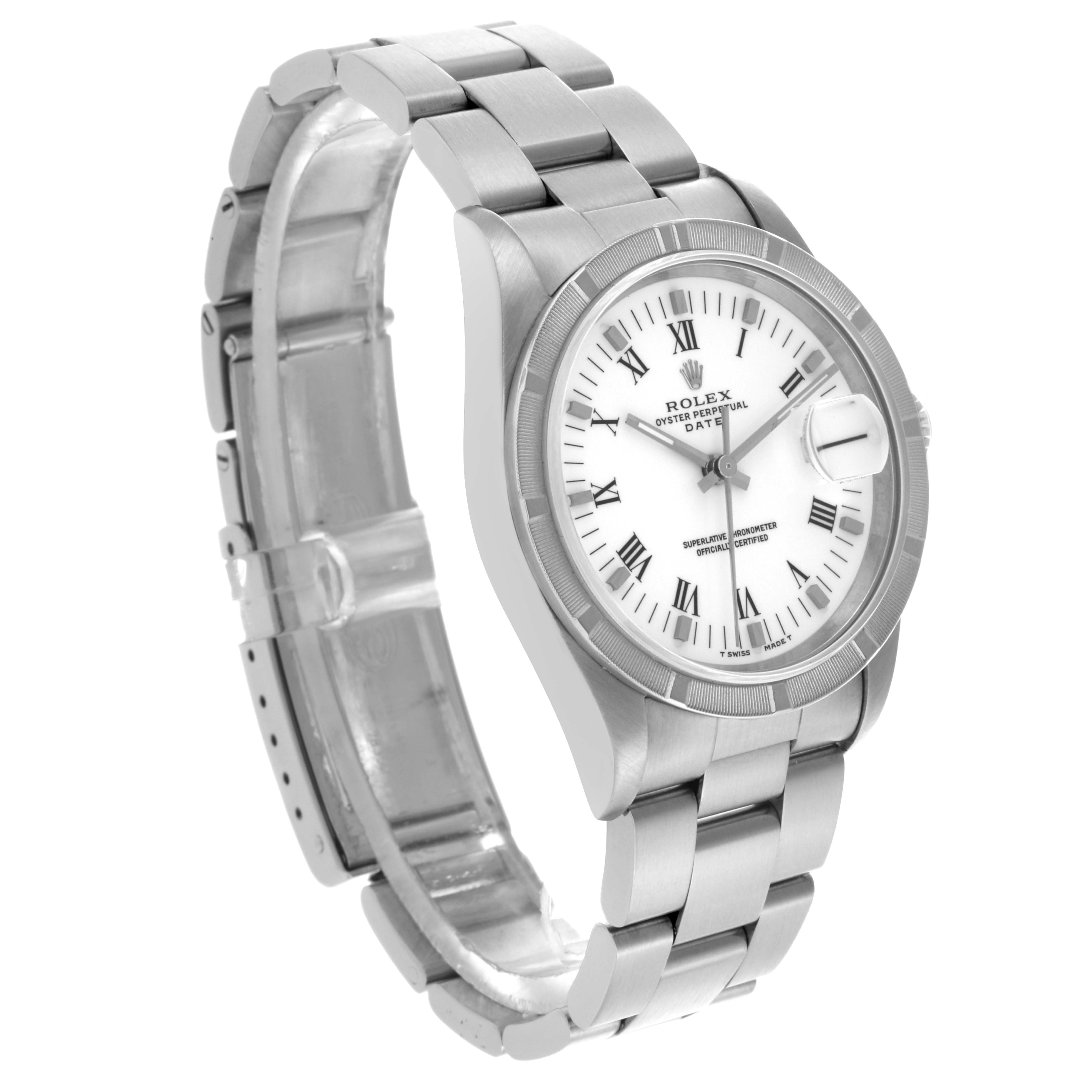 The Rolex Date 15210 Men
s Stainless Steel White Dial 15210 Men
s Stainless Steel White Dial watch is shown at a three-quarter angle, displaying the face, bracelet, and bezel.