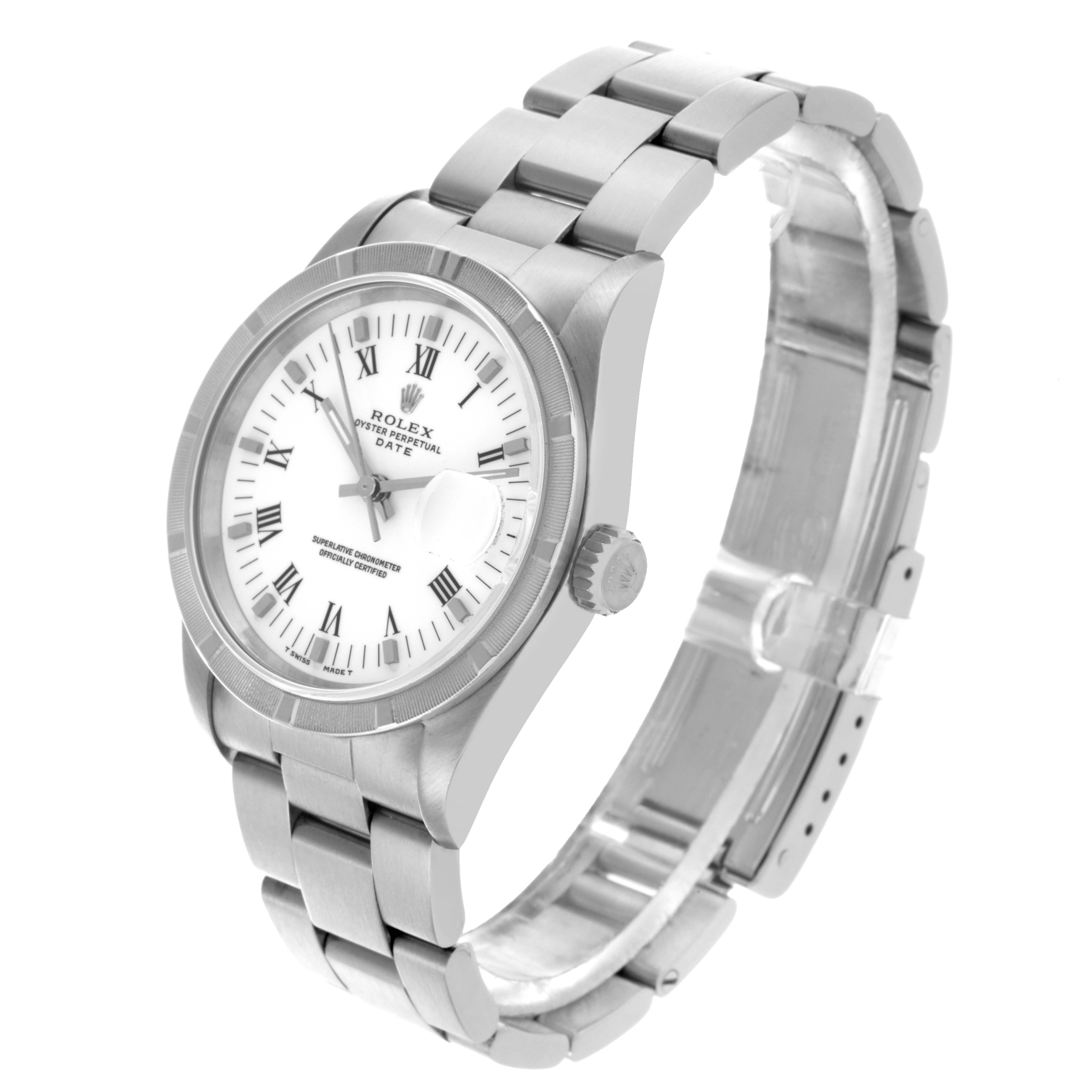 The Rolex Date 15210 Men
s Stainless Steel White Dial 15210 Men
s Stainless Steel White Dial watch is shown at a three-quarter angle, displaying the dial, case, crown, and bracelet.