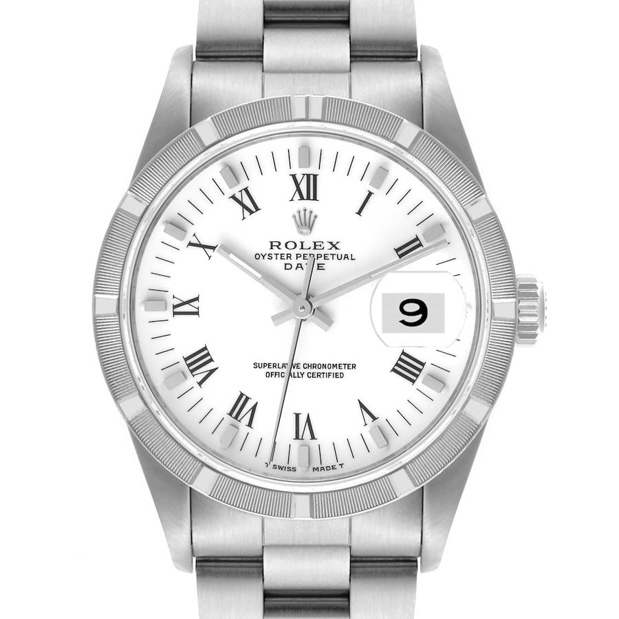 The image shows a front view of a Rolex Date model, highlighting the dial, bezel, and part of the bracelet.