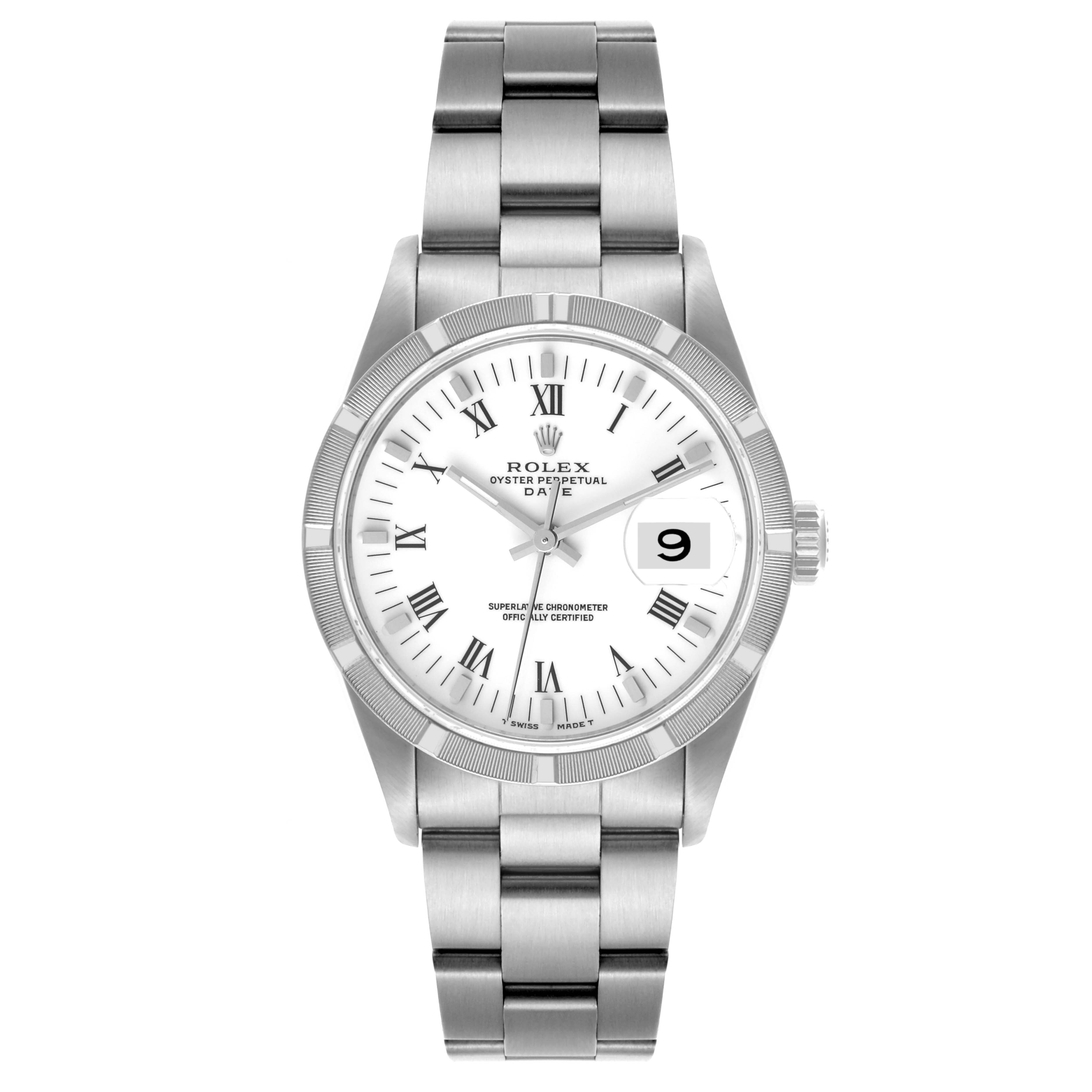 The Rolex Date 15210 Men
s Stainless Steel White Dial 15210 Men
s Stainless Steel White Dial model is shown from a front angle, displaying the full dial, bezel, case, and bracelet.