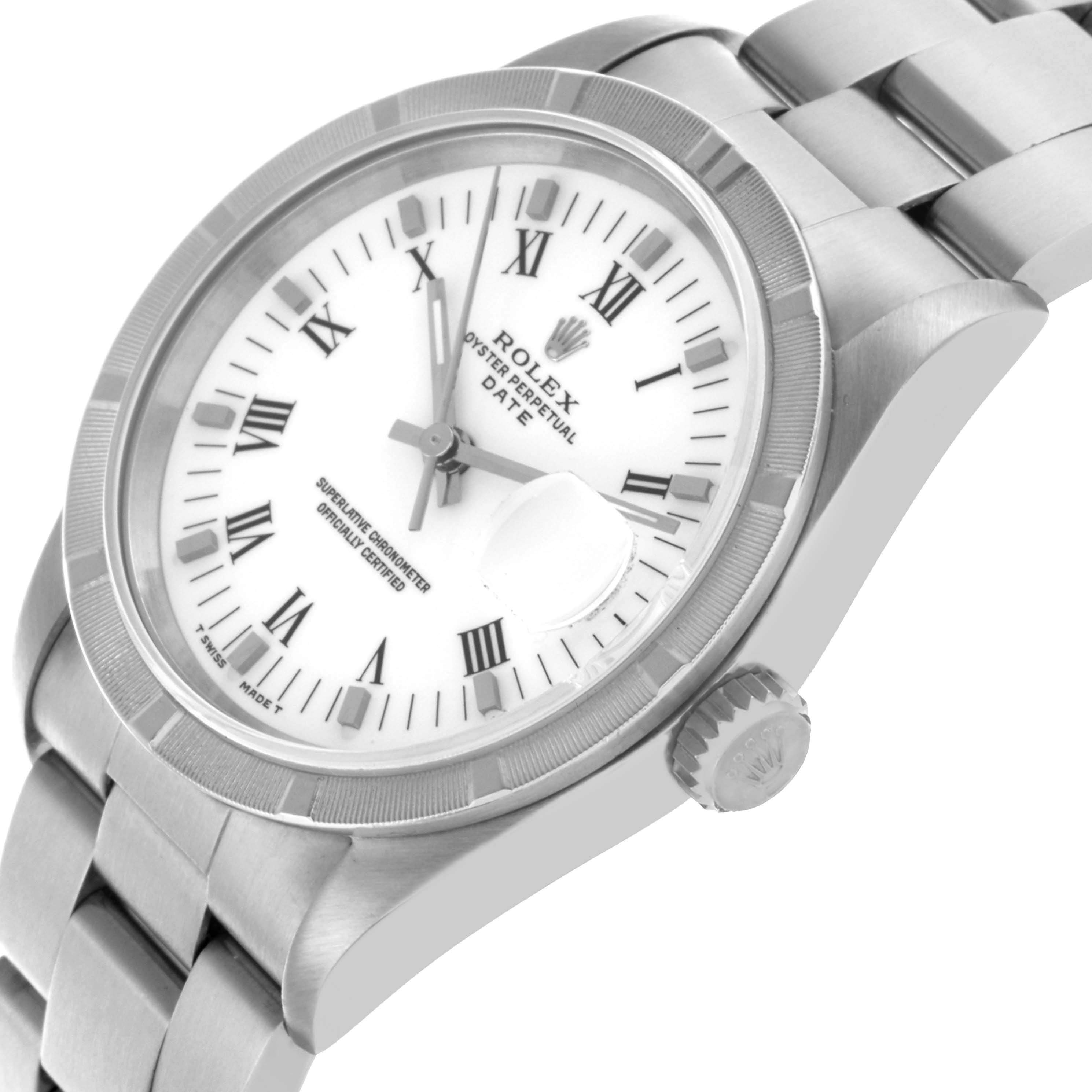 The Rolex Date 15210 Men
s Stainless Steel White Dial 15210 Men
s Stainless Steel White Dial watch is shown at an angled side view, highlighting its case, bezel, crown, and dial with Roman numerals.