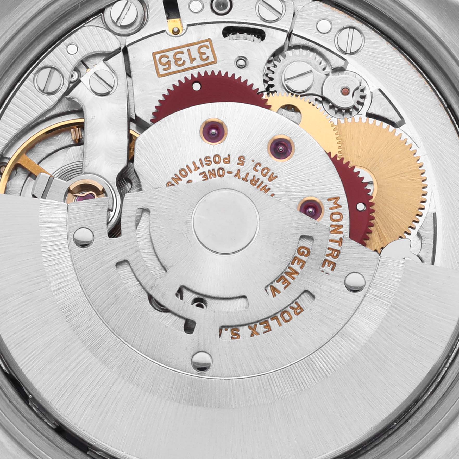 The image shows a close-up of the movement mechanism of a Rolex Date 15210 Men
s Stainless Steel White Dial 15210 Men
s Stainless Steel White Dial model watch.