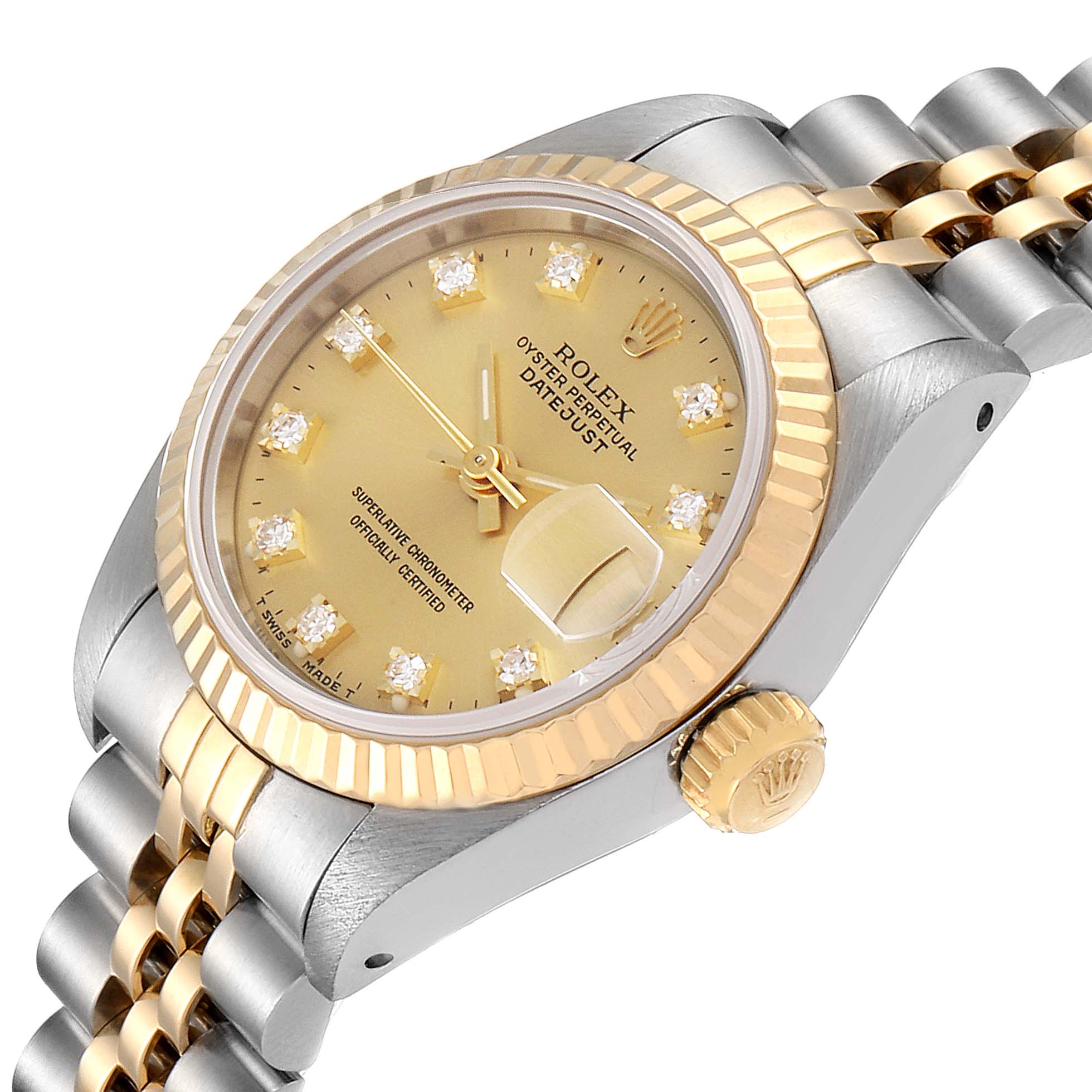 The image shows a Rolex Datejust 69173 Women
s Steel and Gold (two tone) Champagne Dial 69173 Women
s Steel and Gold (two tone) Champagne Dial watch from an angled side view, highlighting its dial, bezel, crown, and two-tone bracelet.