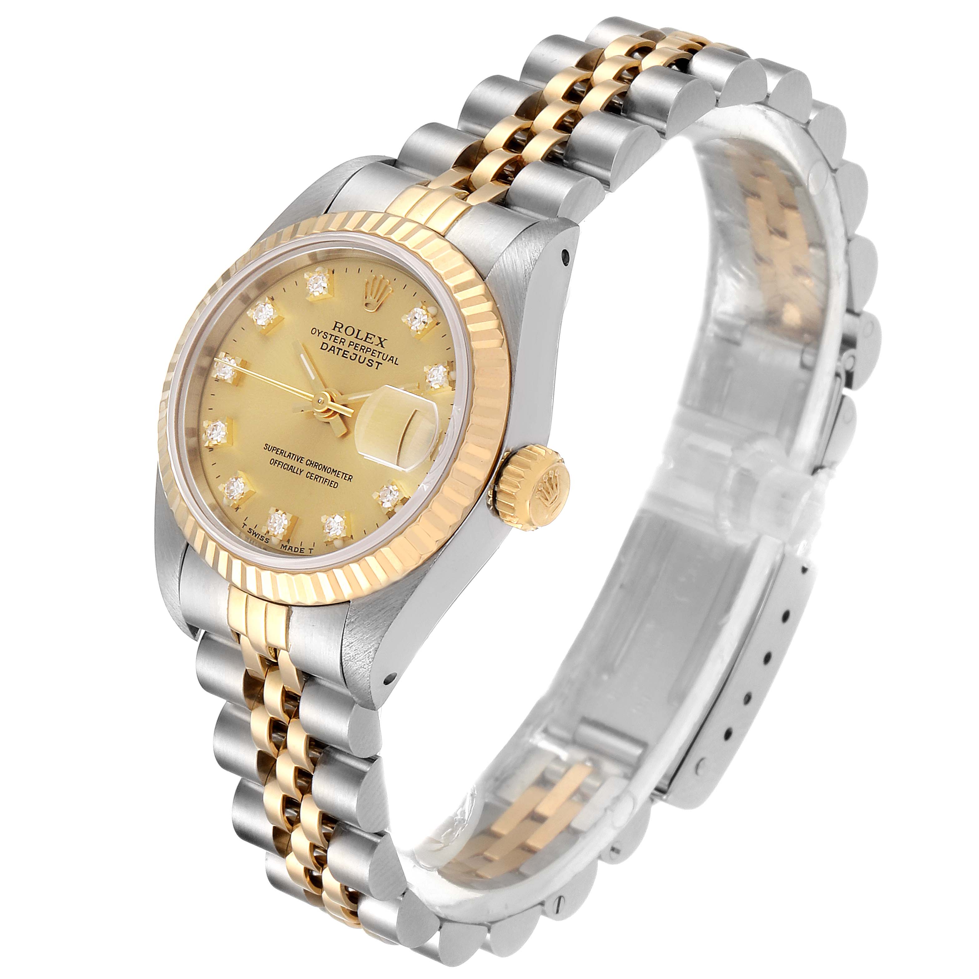 This Rolex Datejust 69173 Women
s Steel and Gold (two tone) Champagne Dial 69173 Women
s Steel and Gold (two tone) Champagne Dial watch is shown at a three-quarter angle, highlighting the dial, bezel, crown, and two-tone bracelet.