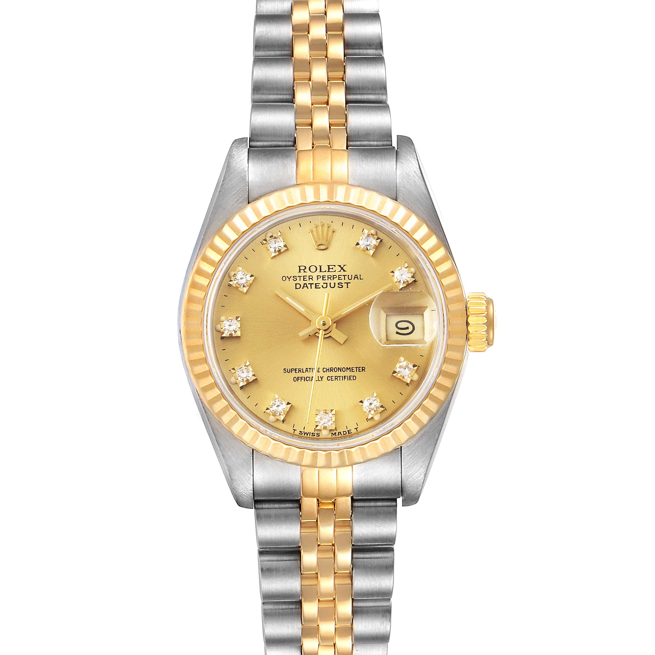 The image shows a Rolex Datejust 69173 Women
s Steel and Gold (two tone) Champagne Dial 69173 Women
s Steel and Gold (two tone) Champagne Dial watch with a jubilee bracelet, two-tone bezel, and gold dial viewed from the front.