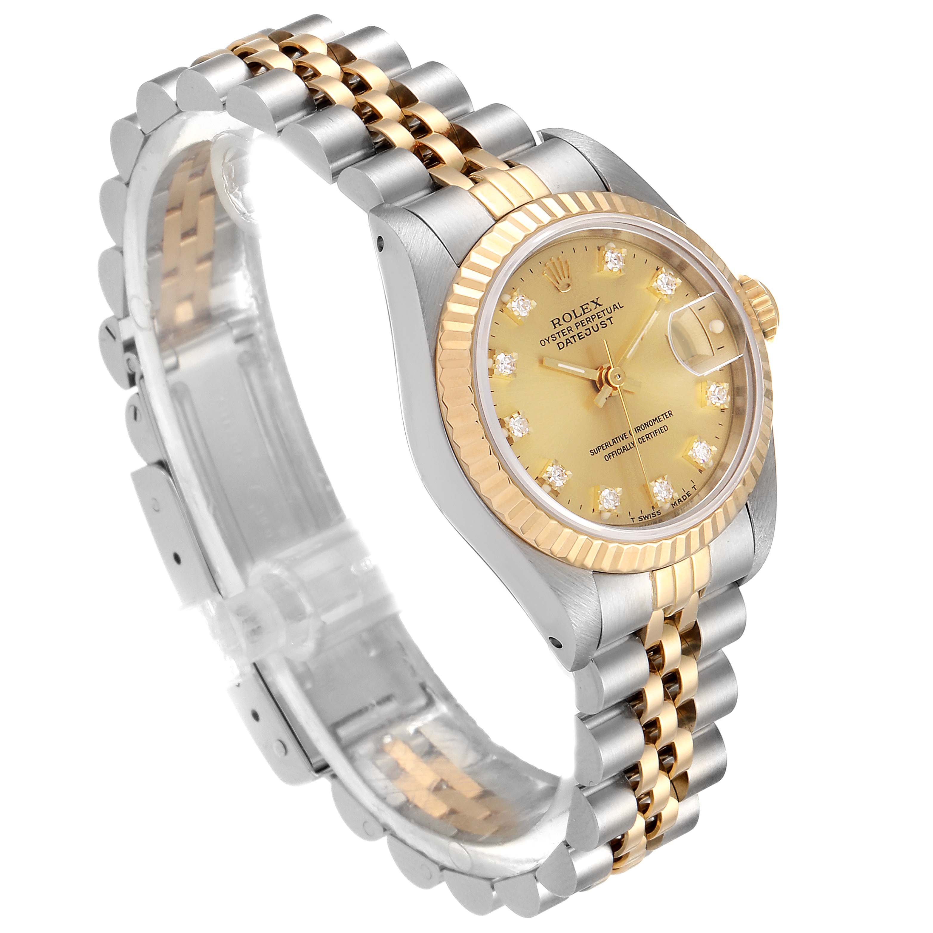 The image shows a Rolex Datejust 69173 Women
s Steel and Gold (two tone) Champagne Dial 69173 Women
s Steel and Gold (two tone) Champagne Dial watch at an angle that displays the face, bezel, and bracelet.