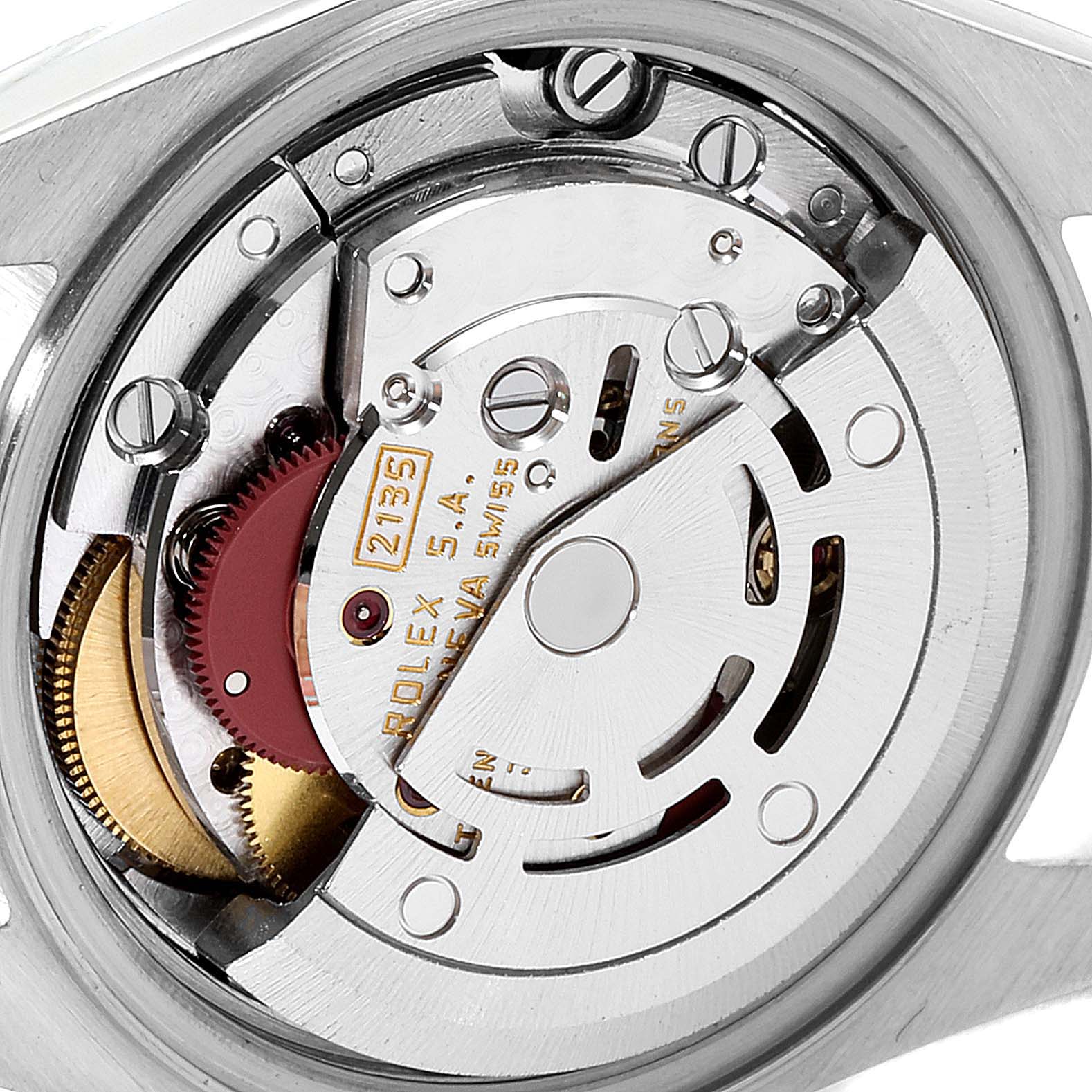 This image shows a close-up of the Rolex Datejust 69173 Women
s Steel and Gold (two tone) Champagne Dial 69173 Women
s Steel and Gold (two tone) Champagne Dial watch
s internal mechanism from the back.