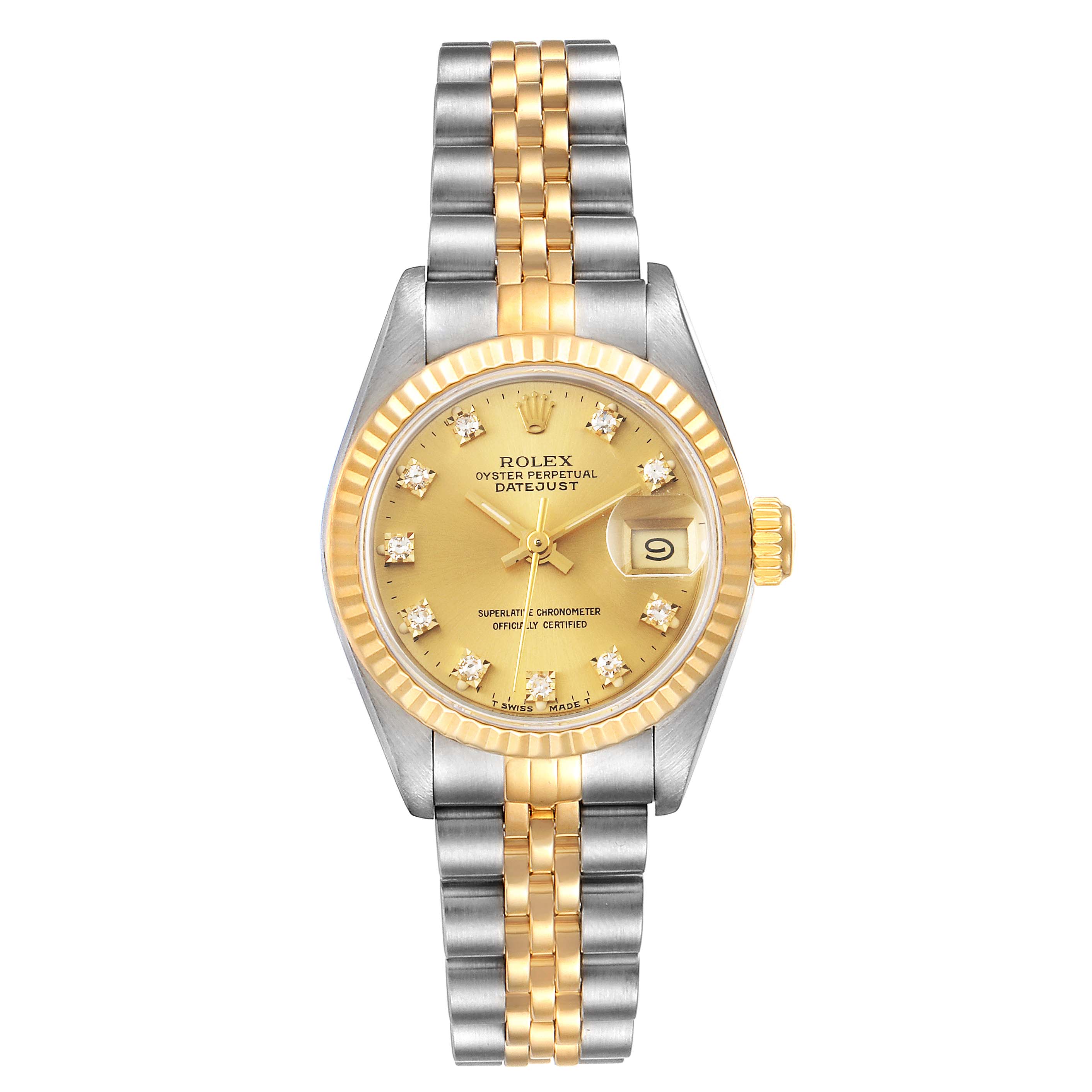 The image shows a front view of a Rolex Datejust 69173 Women
s Steel and Gold (two tone) Champagne Dial 69173 Women
s Steel and Gold (two tone) Champagne Dial, featuring its gold and silver bracelet, gold dial, and date display.