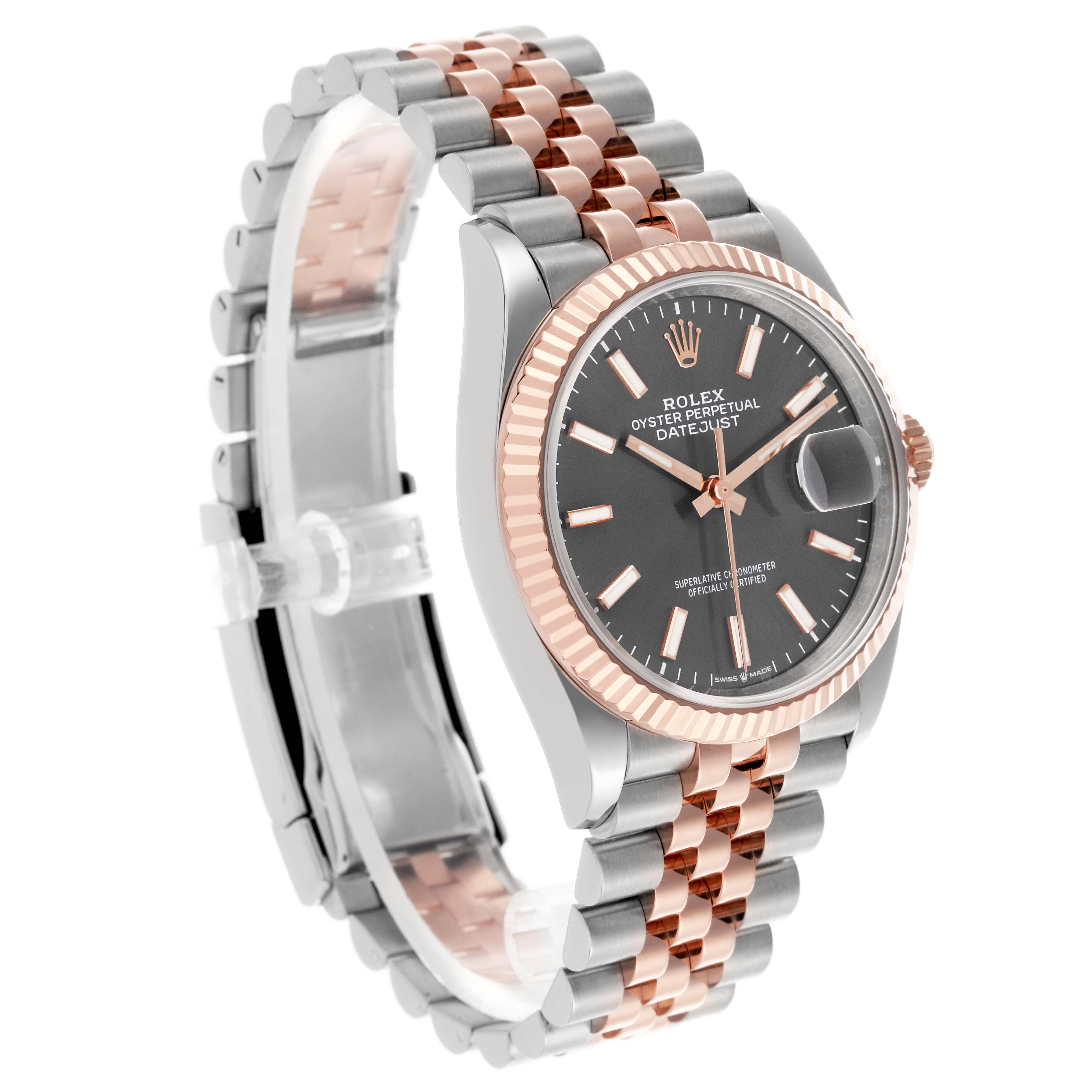 The Rolex Datejust 126231 Men's Steel and Gold (two tone) Grey Dial 126231 Men's Steel and Gold (two tone) Grey Dial watch is shown at a three-quarter angle, highlighting the face, bezel, and Jubilee bracelet.