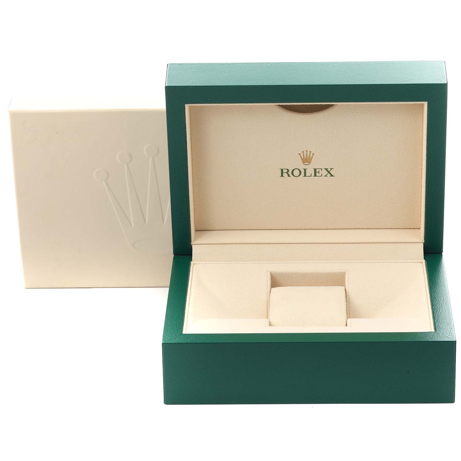 The image shows an open green watch box and cream interior for the Rolex Datejust 126231 Men's Steel and Gold (two tone) Grey Dial 126231 Men's Steel and Gold (two tone) Grey Dial model, viewed from the front.