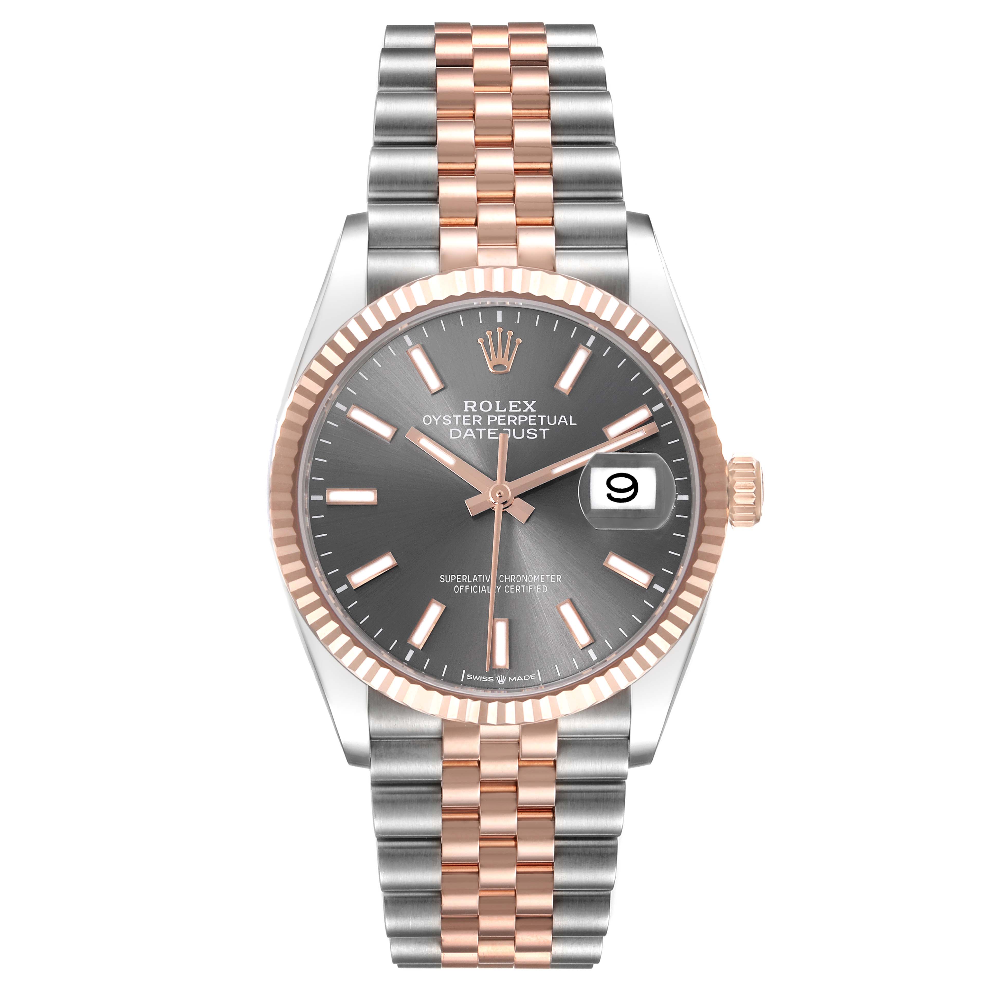 The image shows a front view of the Rolex Datejust 126231 Men's Steel and Gold (two tone) Grey Dial 126231 Men's Steel and Gold (two tone) Grey Dial watch, featuring a two-tone Jubilee bracelet and fluted bezel.