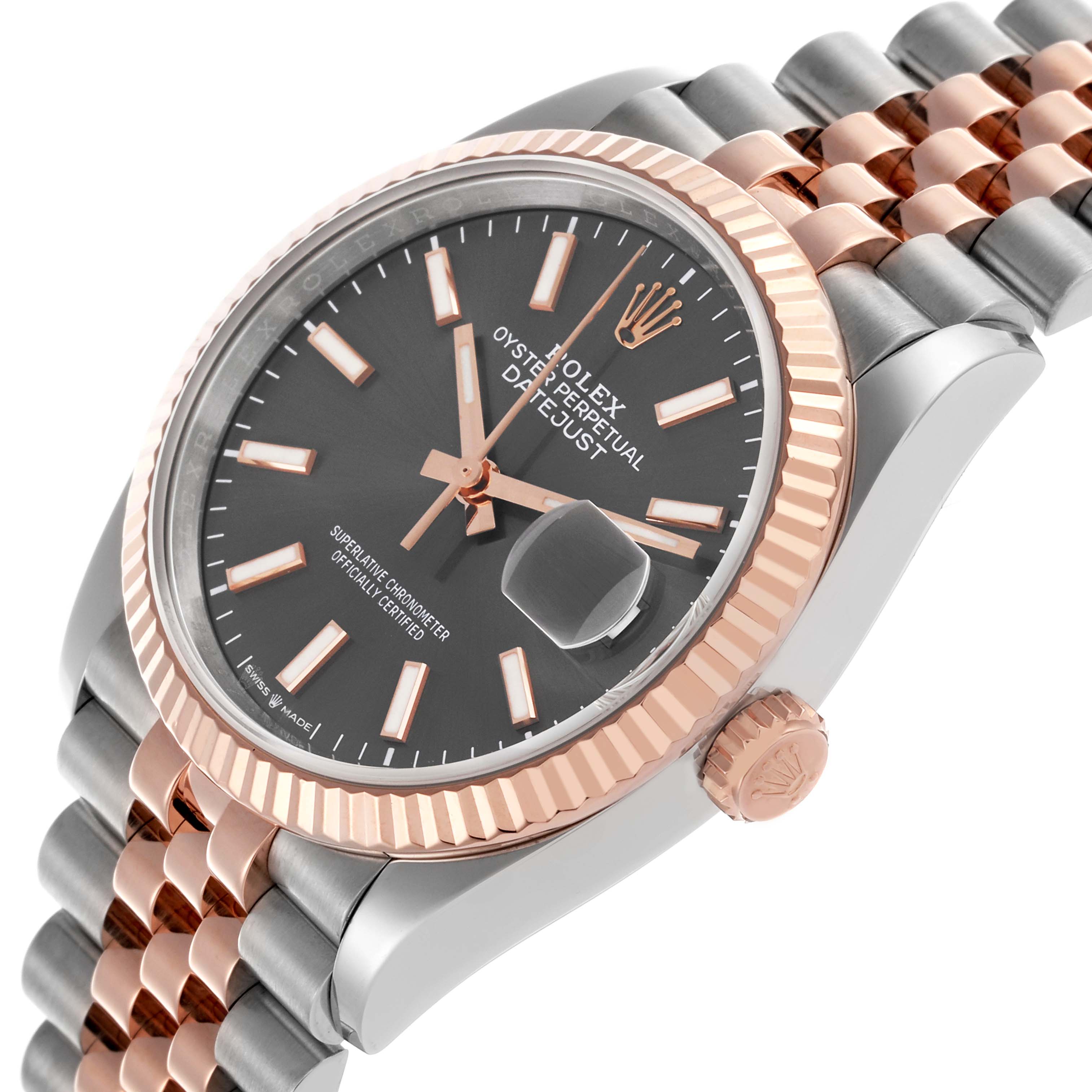 The Rolex Datejust 126231 Men's Steel and Gold (two tone) Grey Dial 126231 Men's Steel and Gold (two tone) Grey Dial watch is shown at an angle highlighting the bezel, dial, and partial Jubilee bracelet.