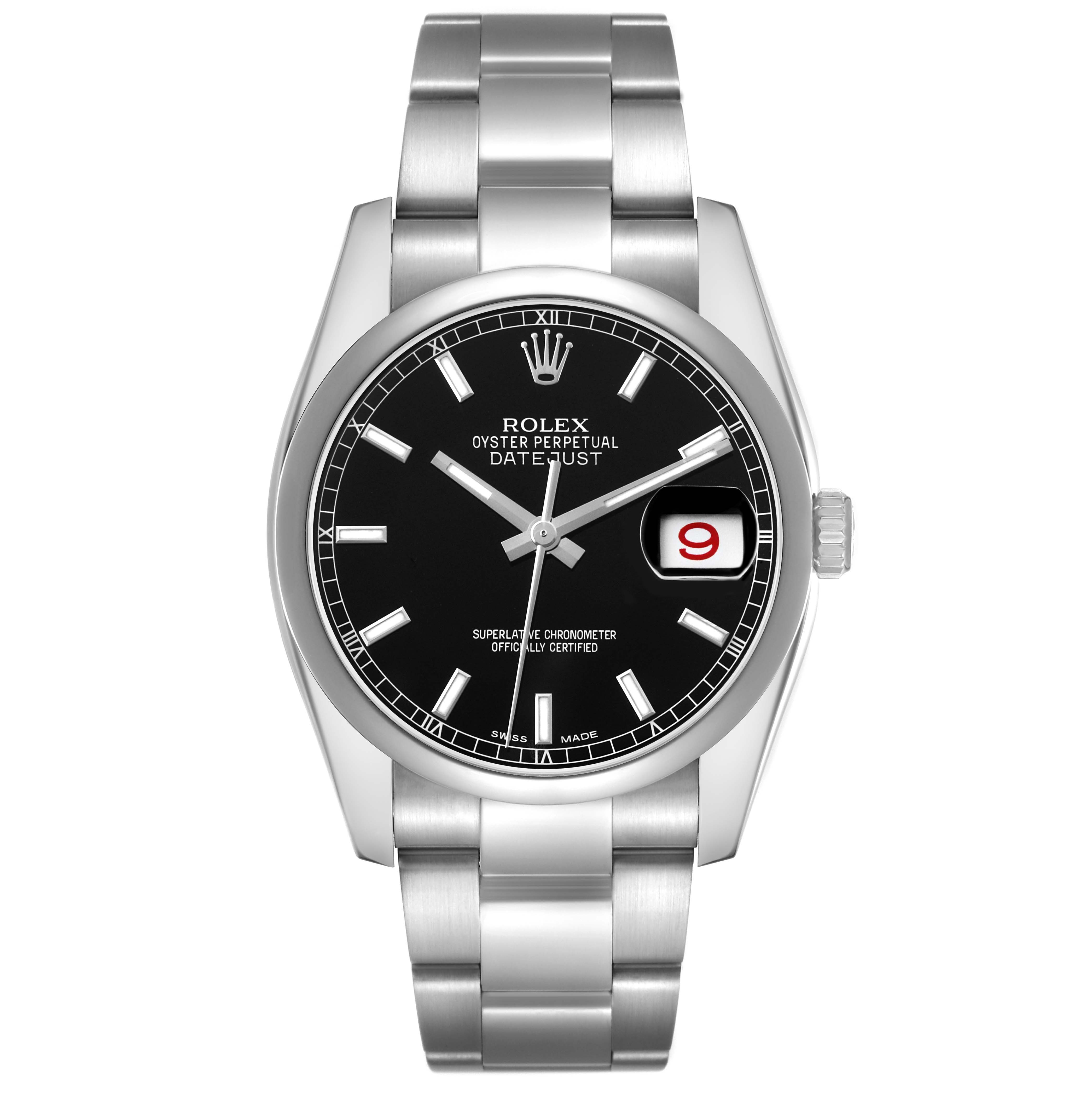 The Rolex Datejust 116200 Men's Stainless Steel Black Dial watch is shown from a front angle, highlighting the black dial, date window, and stainless steel bracelet.