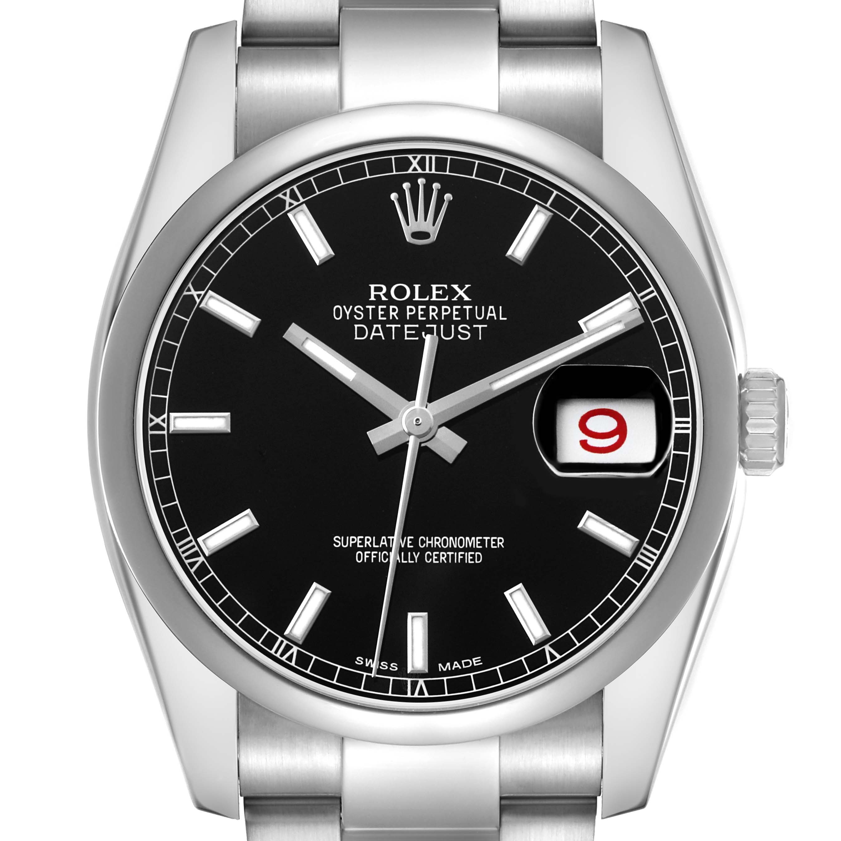 The image shows a front view of the Rolex Datejust 116200 Men's Stainless Steel Black Dial, highlighting the black dial, hands, indices, and date feature.