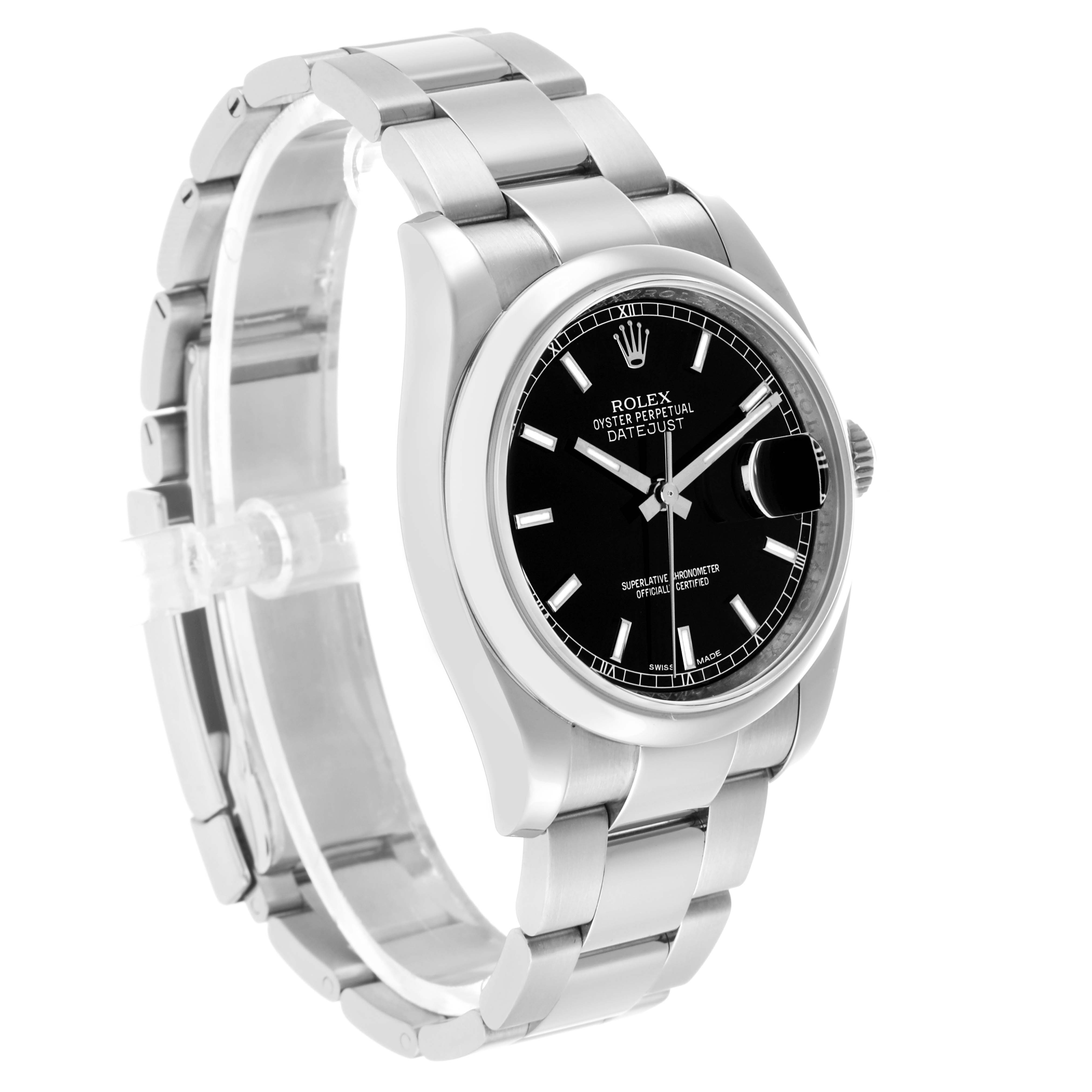 The Rolex Datejust 116200 Men's Stainless Steel Black Dial watch is shown at a three-quarter angle, highlighting the black dial, stainless steel bracelet, and side crown.