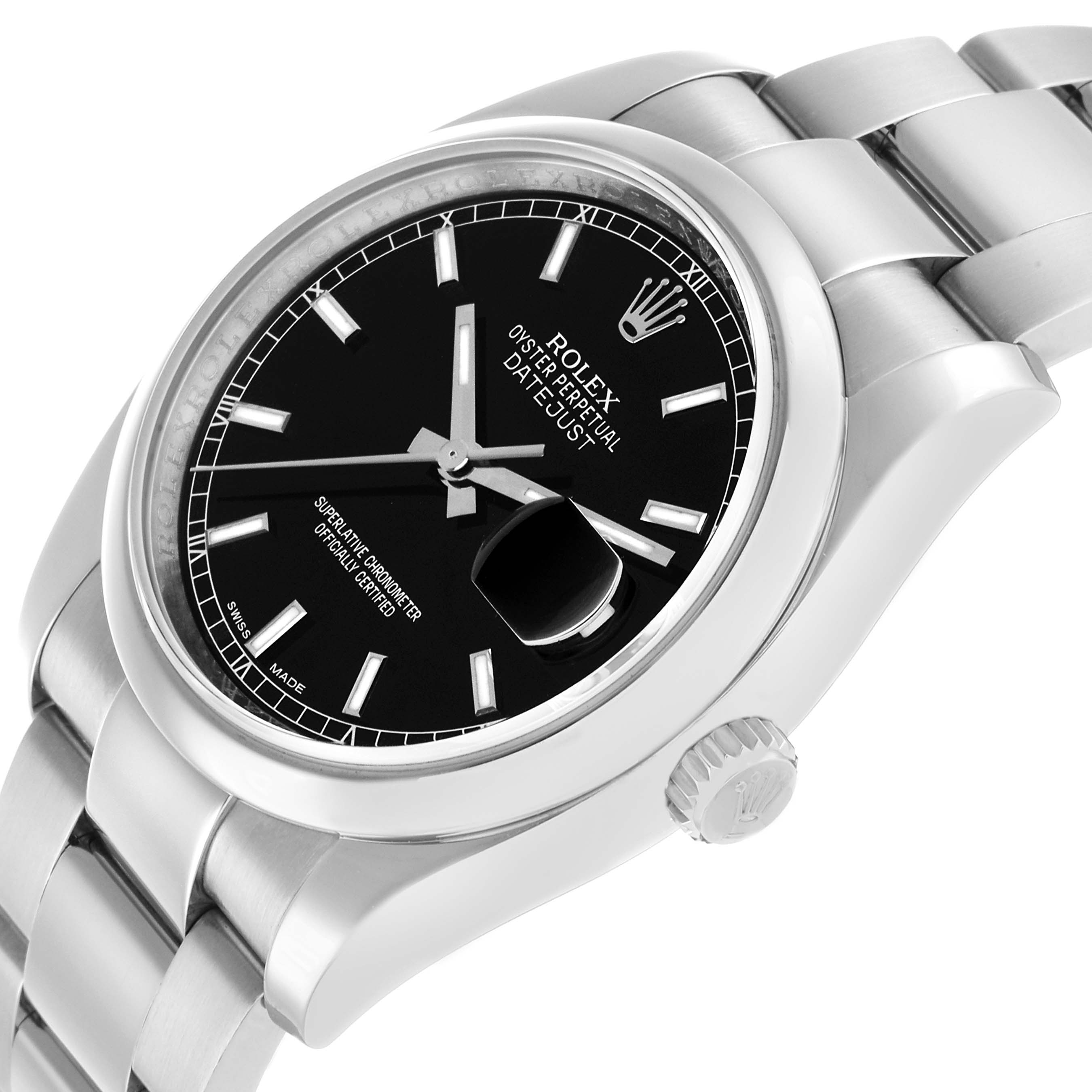 The Rolex Datejust 116200 Men's Stainless Steel Black Dial watch is shown at an angled side view, highlighting the dial, case, bracelet, and crown.