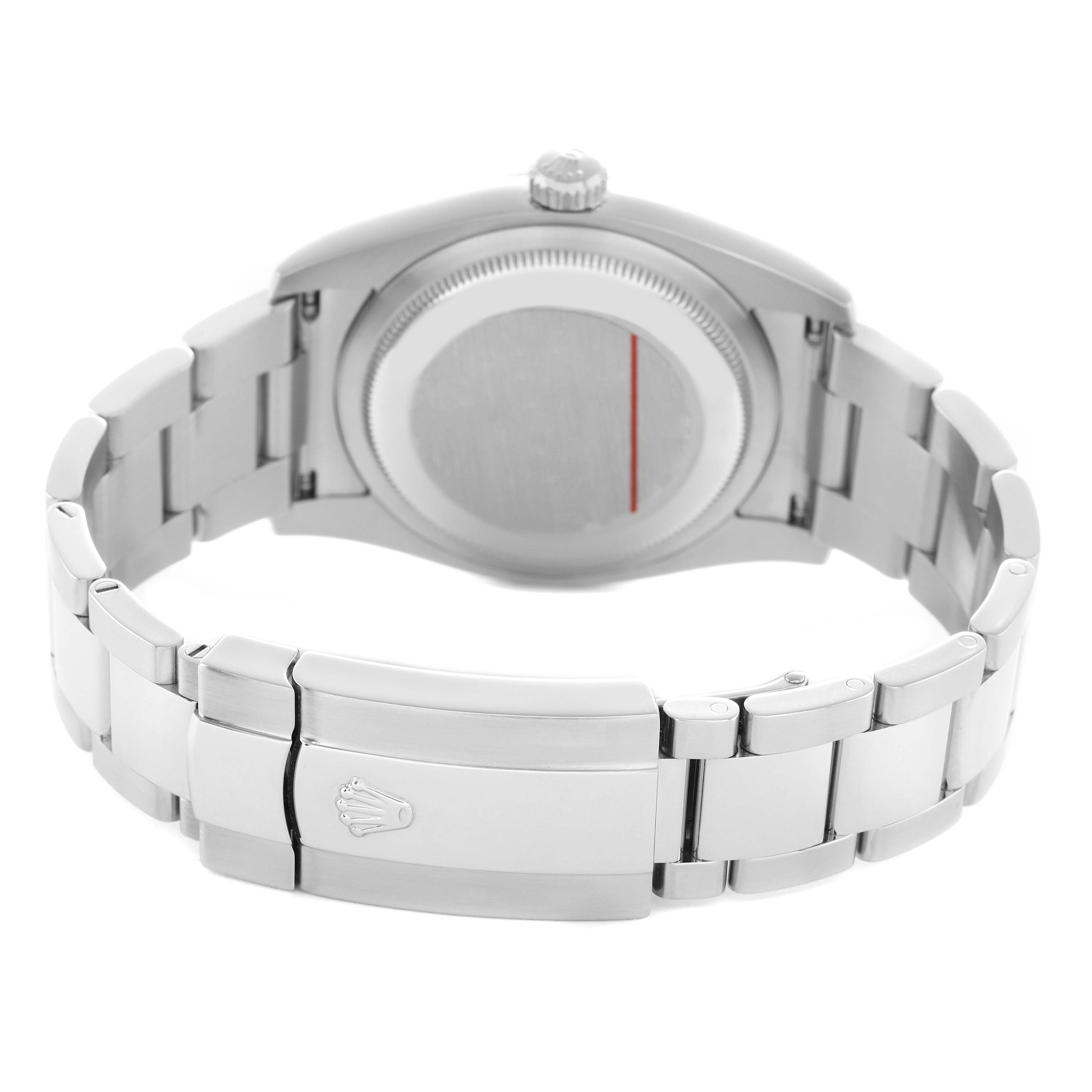 The image shows the back view of a Rolex Datejust 116200 Men's Stainless Steel Black Dial watch, highlighting the clasp and bracelet links.