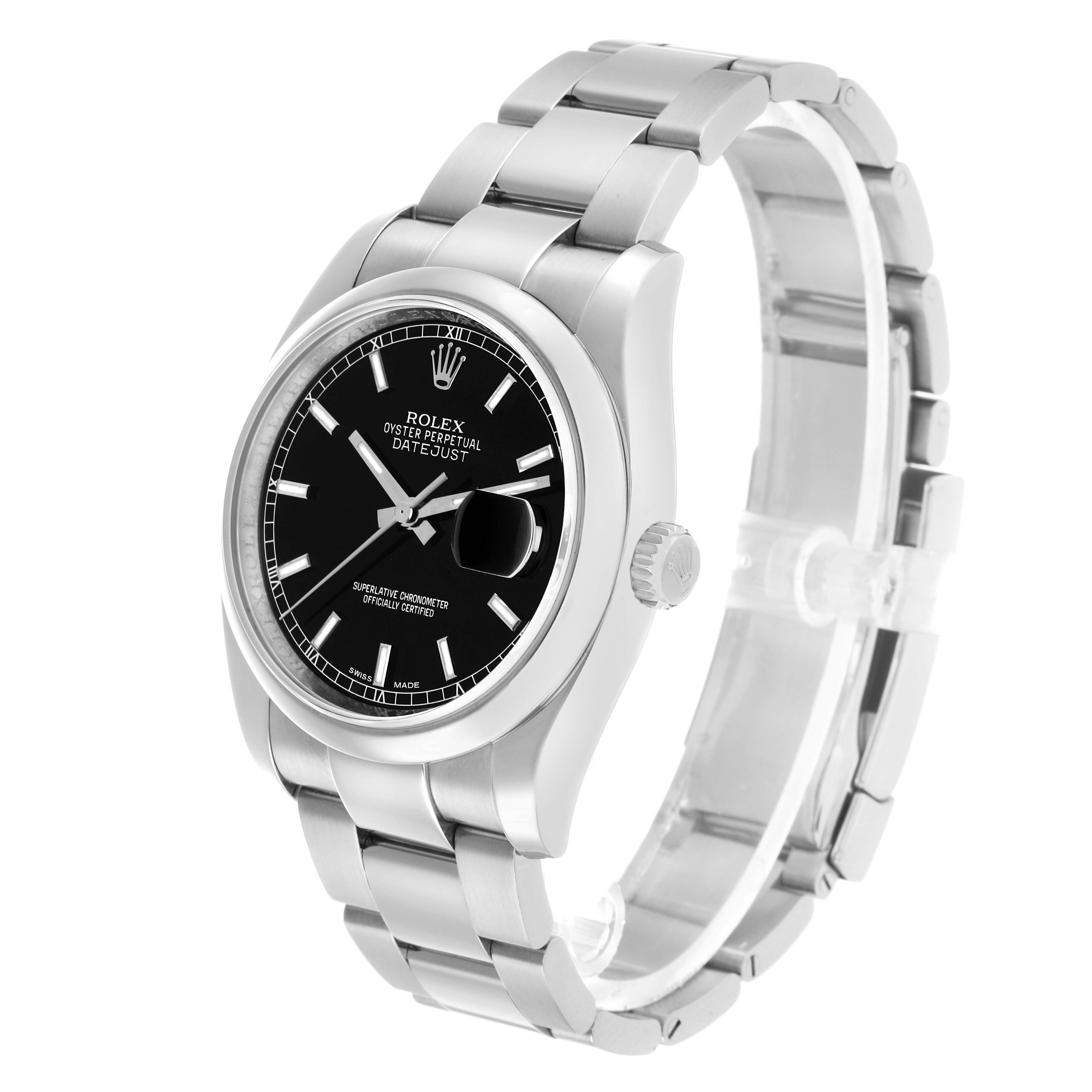 The Rolex Datejust 116200 Men's Stainless Steel Black Dial watch is shown at a three-quarter angle, highlighting its bracelet, dial, and crown.