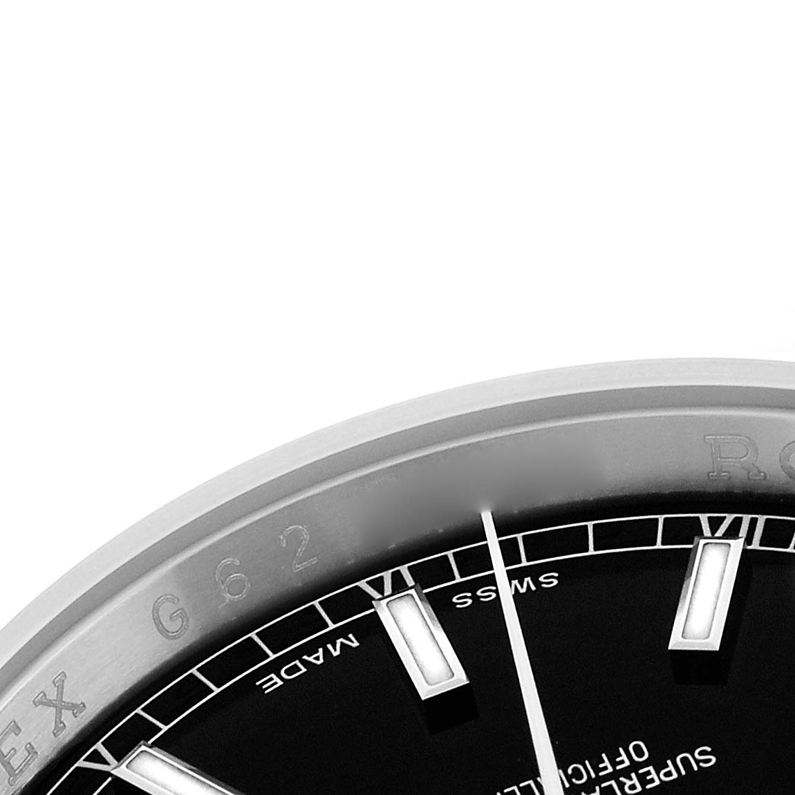 The image shows a close-up of a Rolex Datejust 116200 Men's Stainless Steel Black Dial watch, focusing on the dial, hands, and partial bezel.