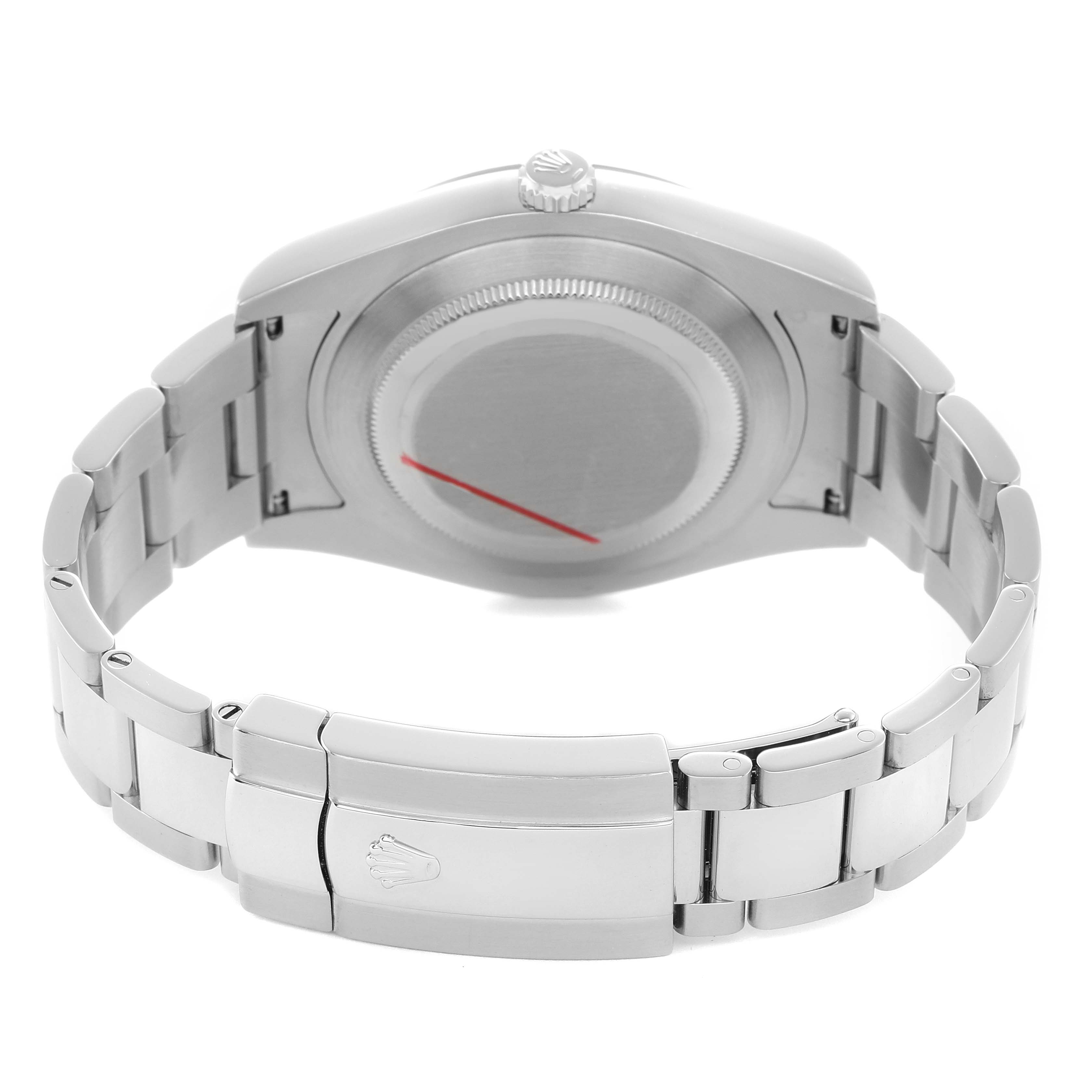 The image shows the backside and clasp of a Rolex Datejust 41 116300 Men's Stainless Steel Black Dial, with a view of the bracelet and crown.