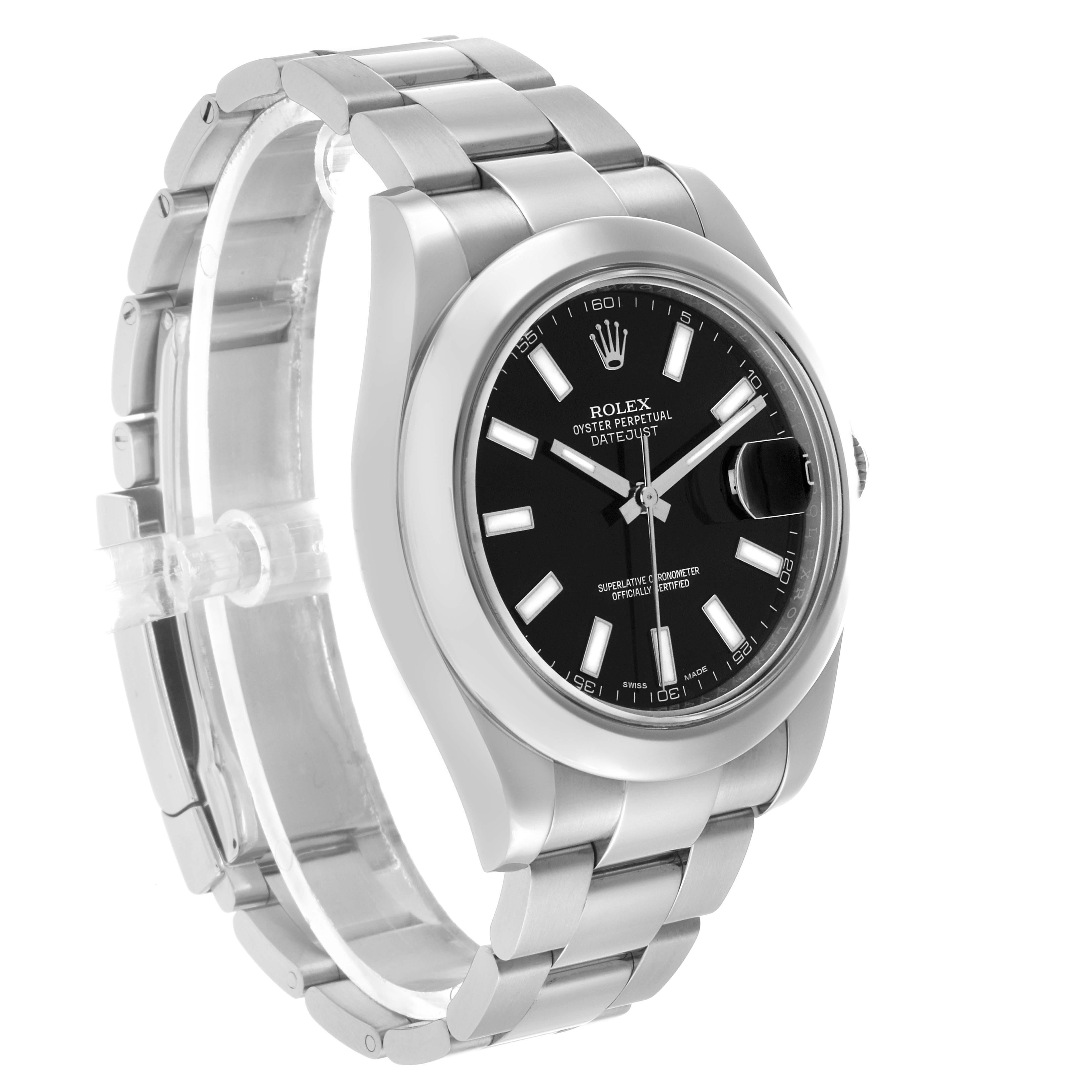 The image shows the Rolex Datejust 41 116300 Men's Stainless Steel Black Dial at a slight angle, displaying the face, bracelet, bezel, and side profile.